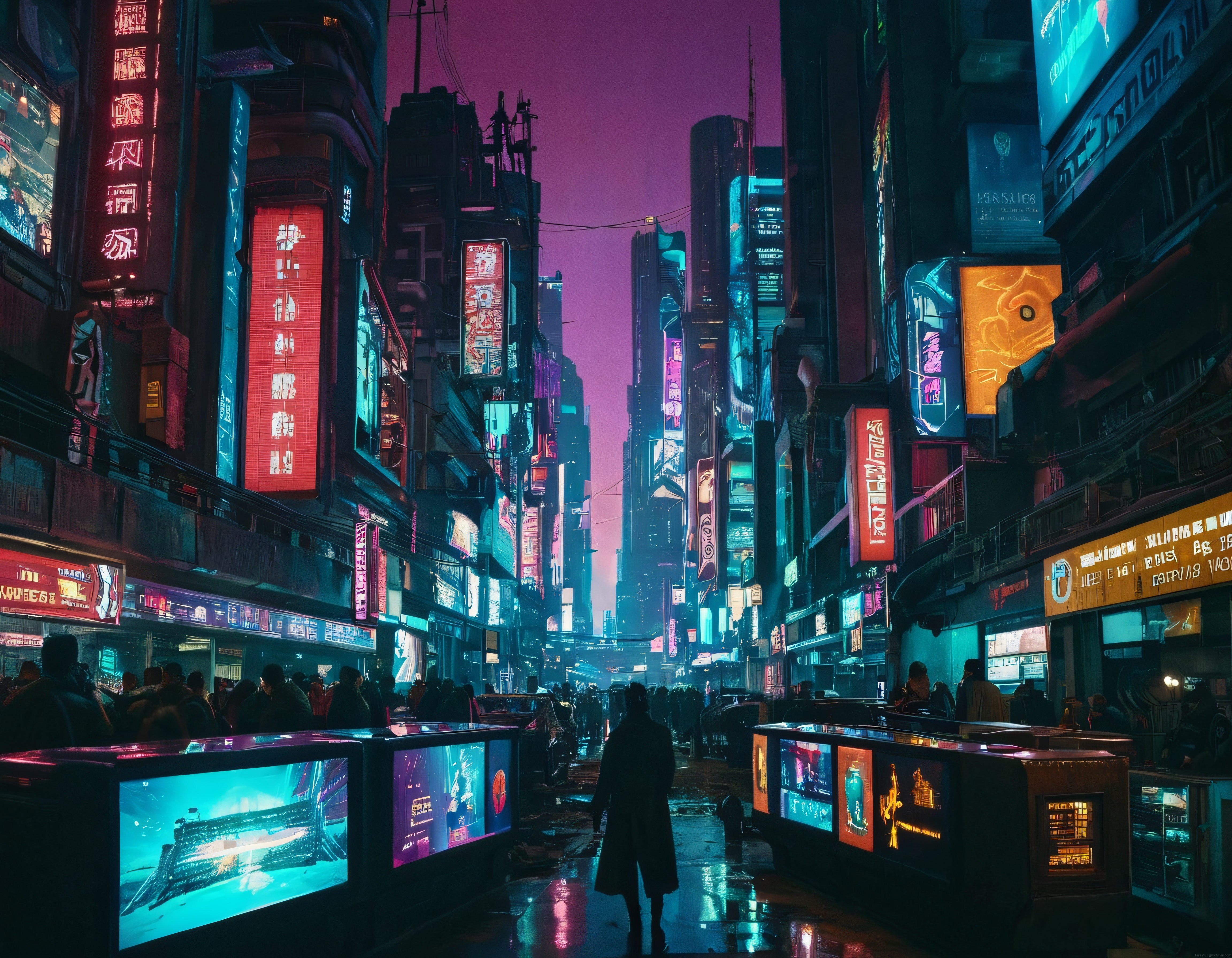 yağmurlu cyberpunk şehirde neon ışıklar altında yalnız figür ve kalabalık