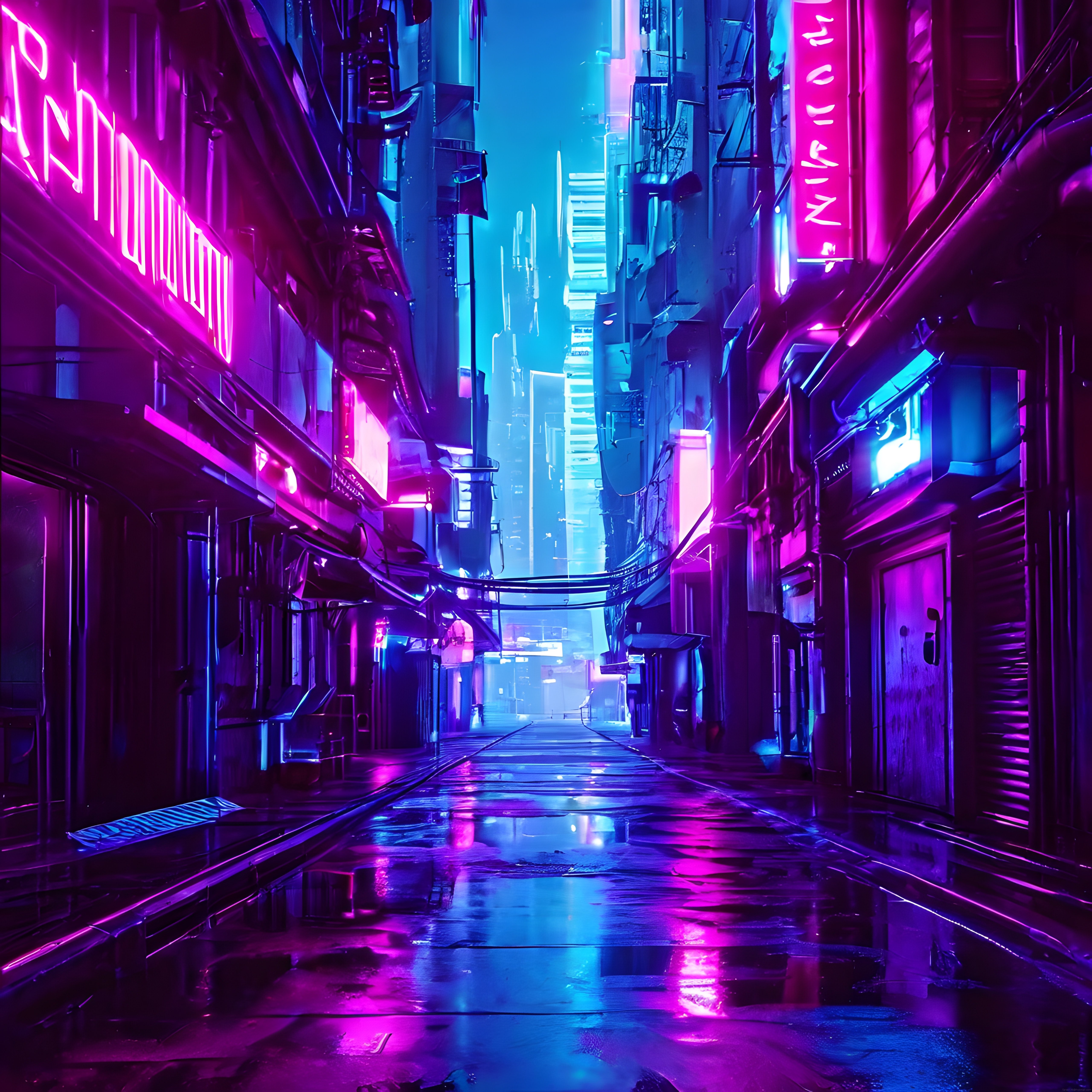 Yağmurlu Cyberpunk Şehrinde Neon Işıklı Dar Bir Sokak Manzarası