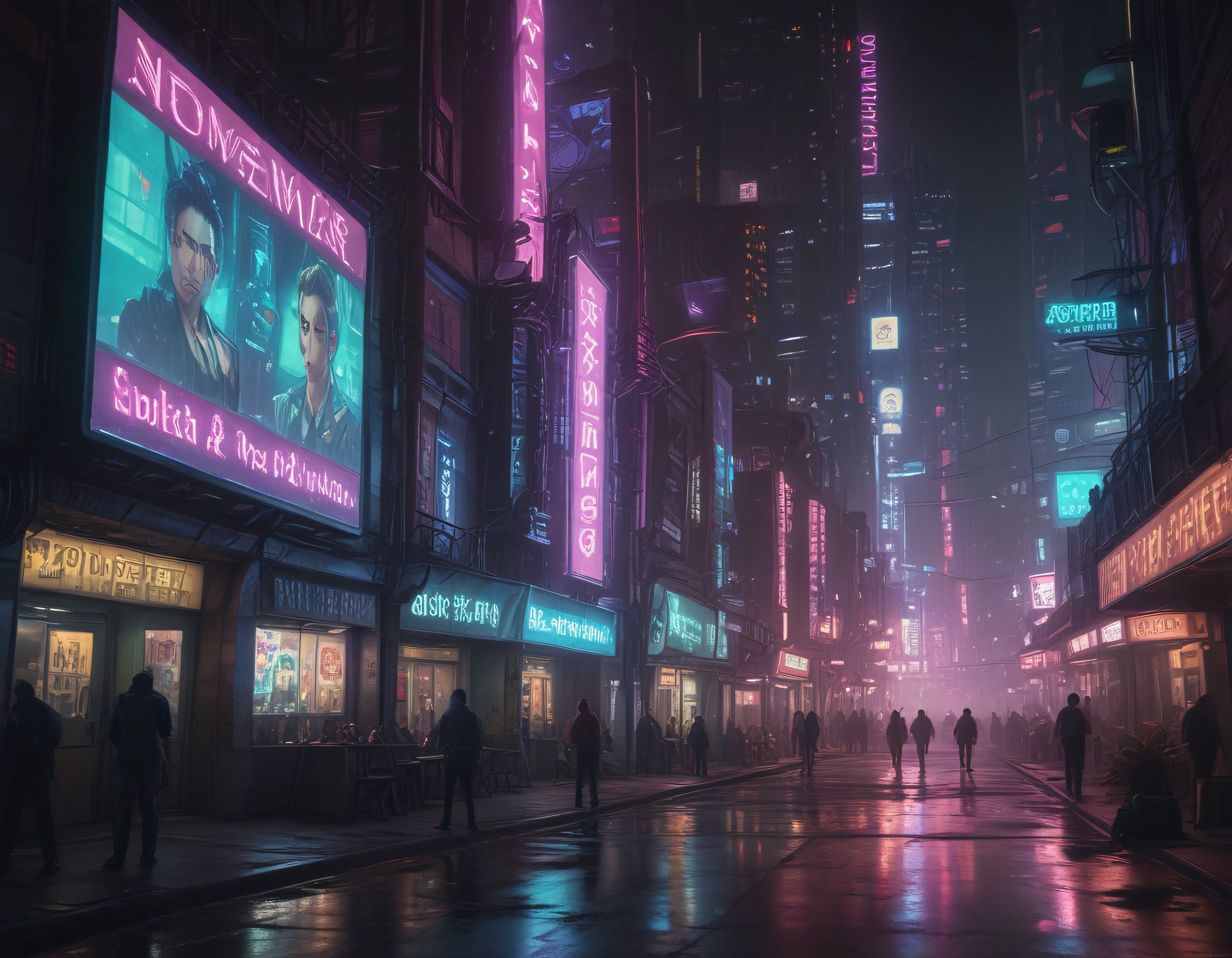 Yağmurlu cyberpunk sokakta neon ışıklarla süslenmiş gelecekçi gece manzarası