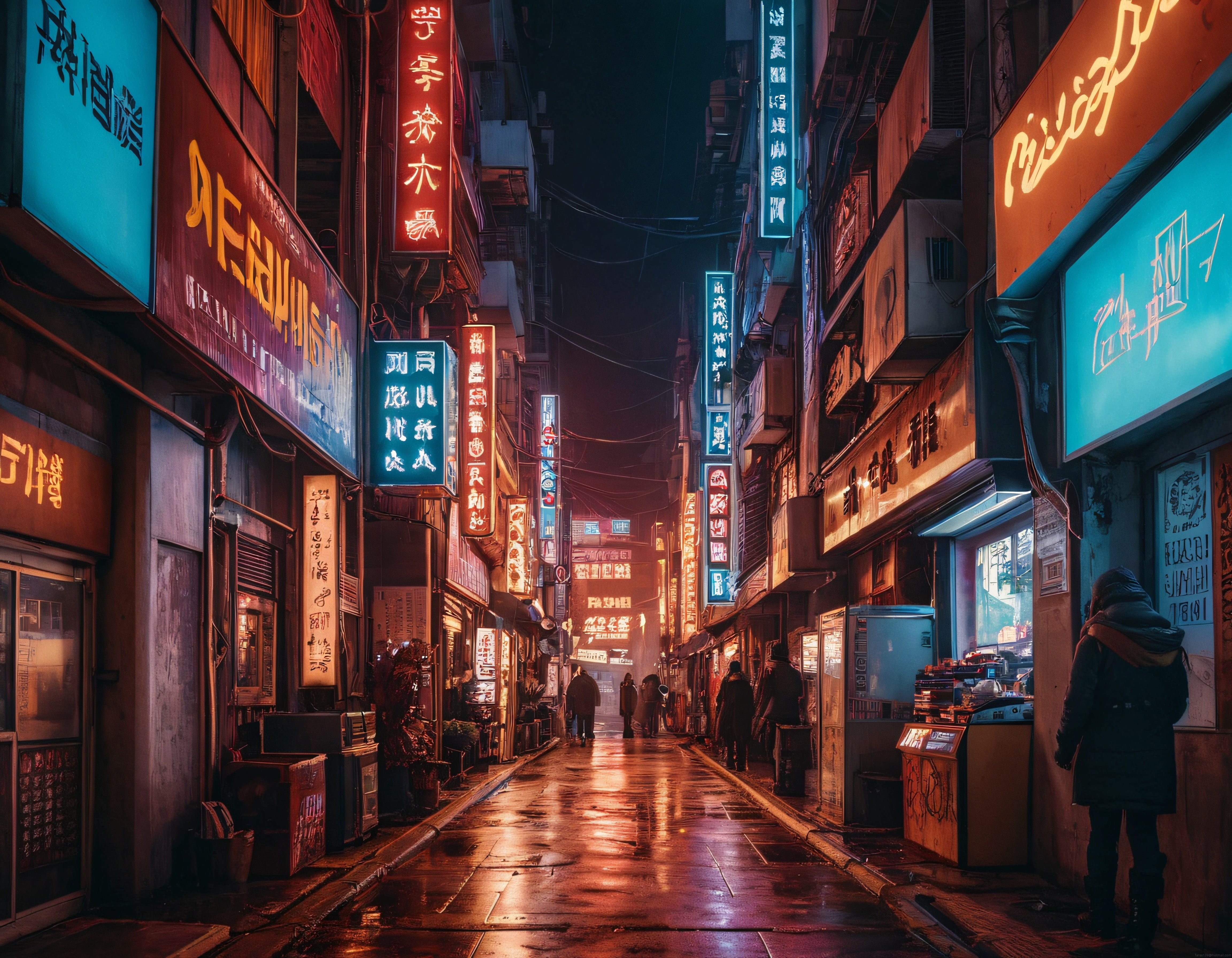 Yağmurlu gece, neon tabelalarla aydınlanmış dar bir sokak