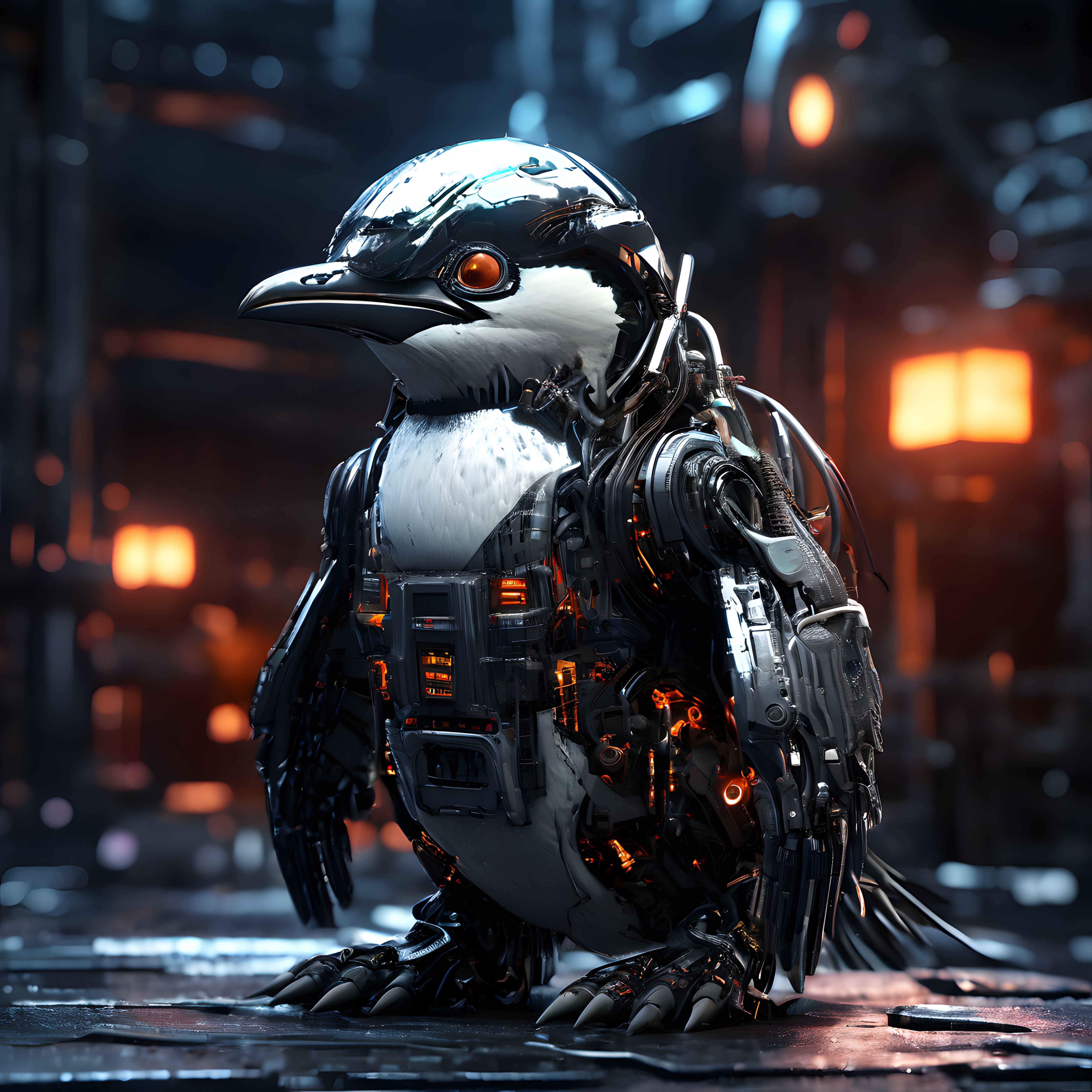 Yağmurlu Gece Sokaklarında Cyberpunk Tarzı Mekanik Penguen Portresi