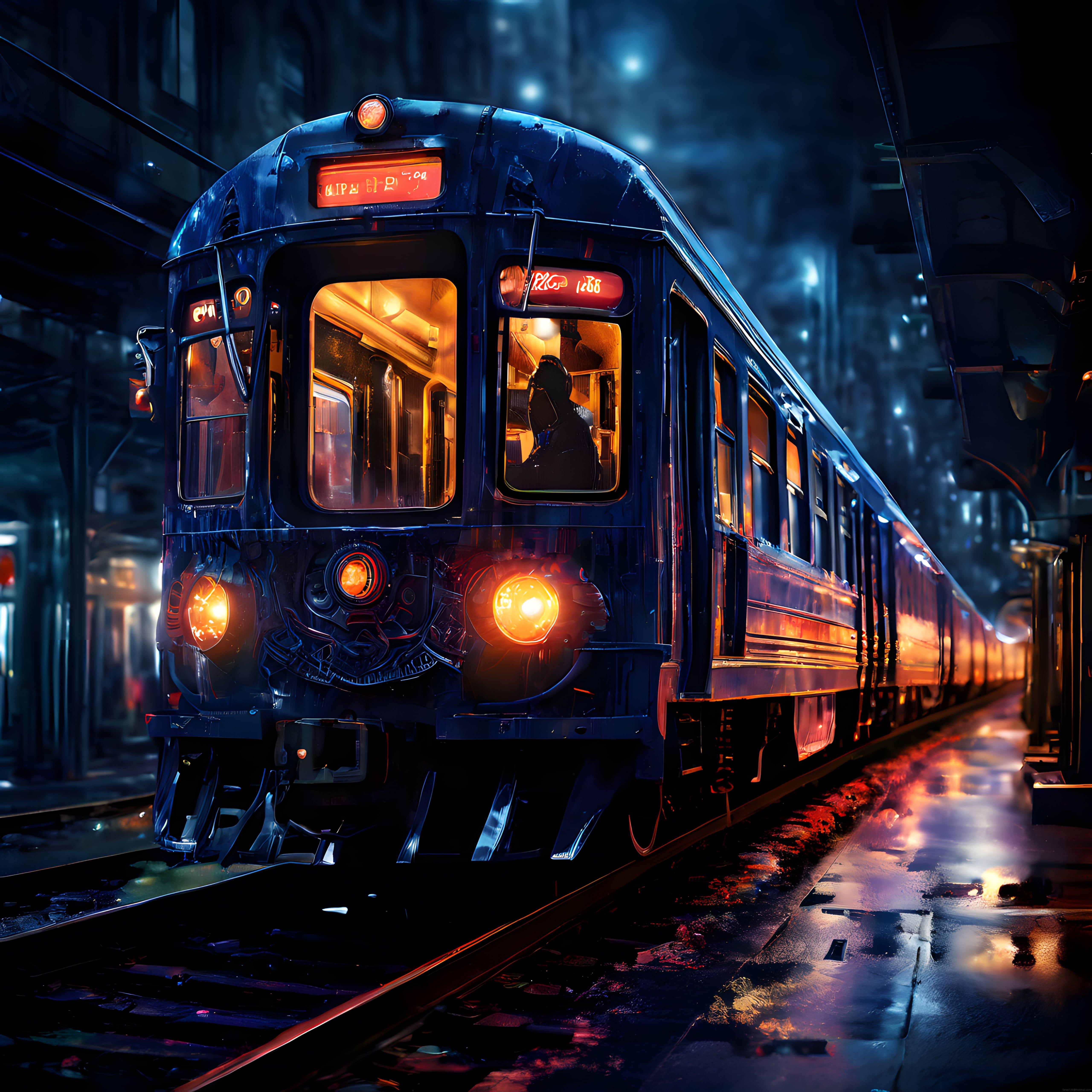 yağmurlu gecede cyberpunk tren istasyonu ve ıslak zeminde ışık yansımaları