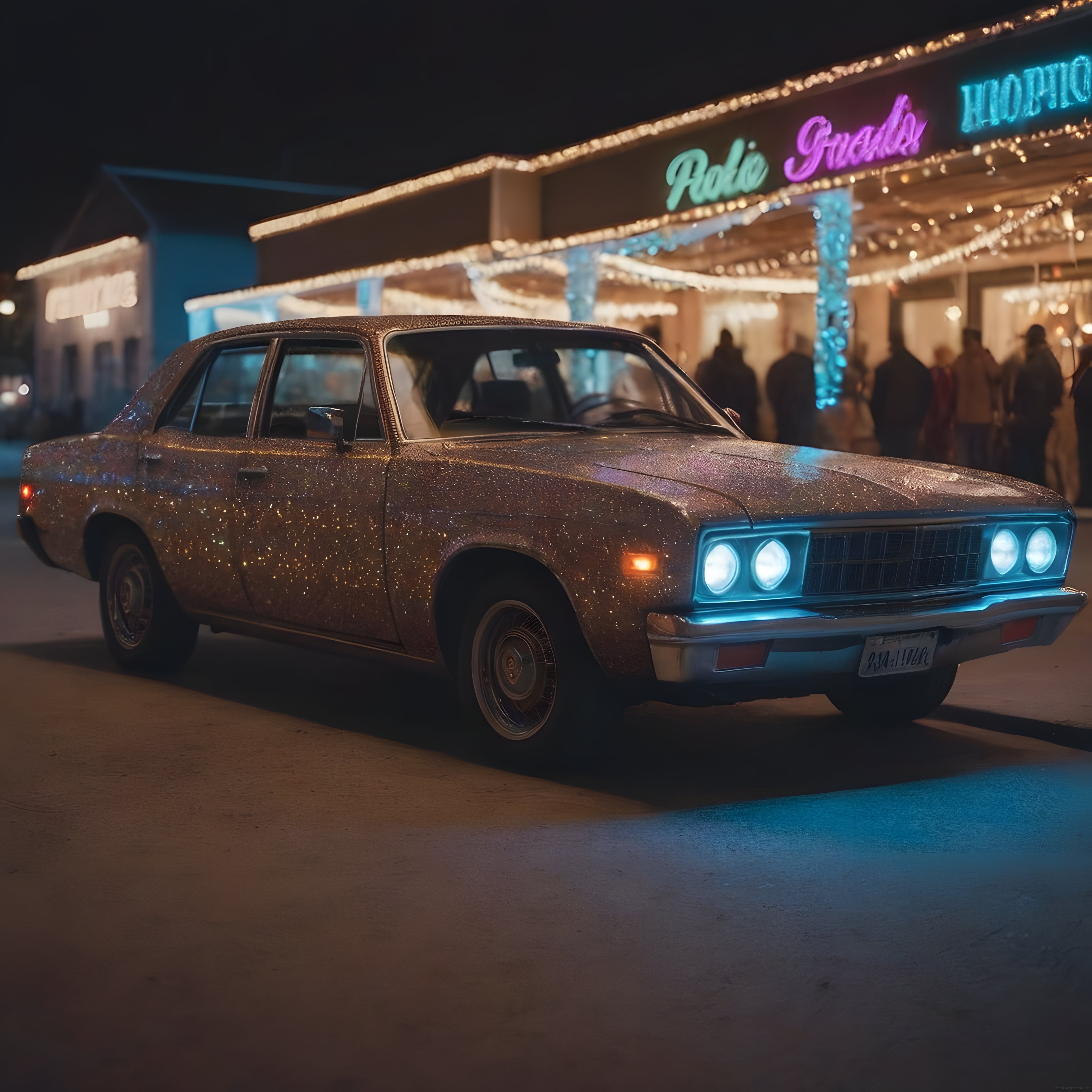 Yağmurlu Gecede Klasik Amerikan Arabası ve Retro Neon Aydınlatmalar