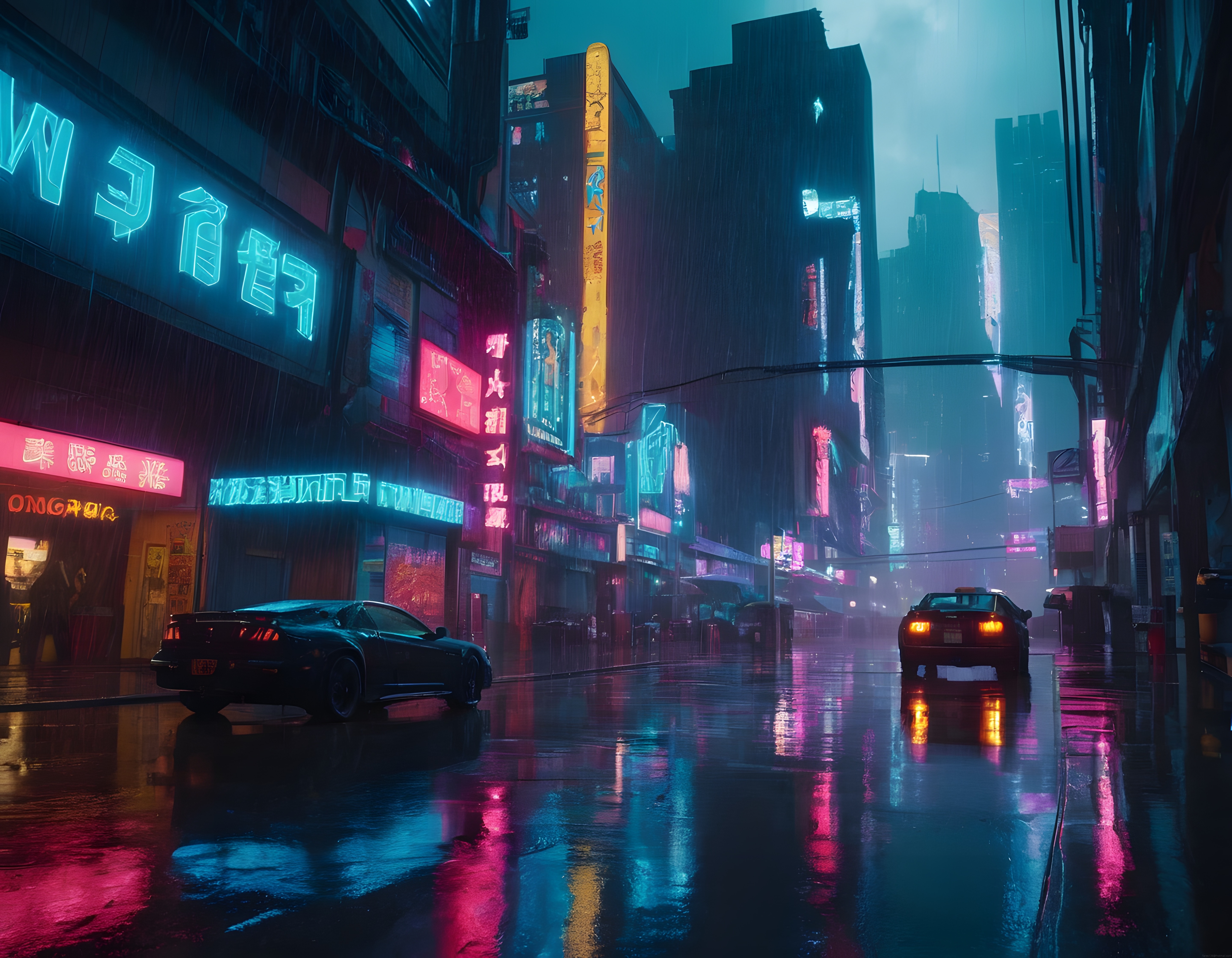 Yağmurlu Gecede Neon Aydınlatmalı Cyberpunk Şehir Manzarası ve Dijital Sanat