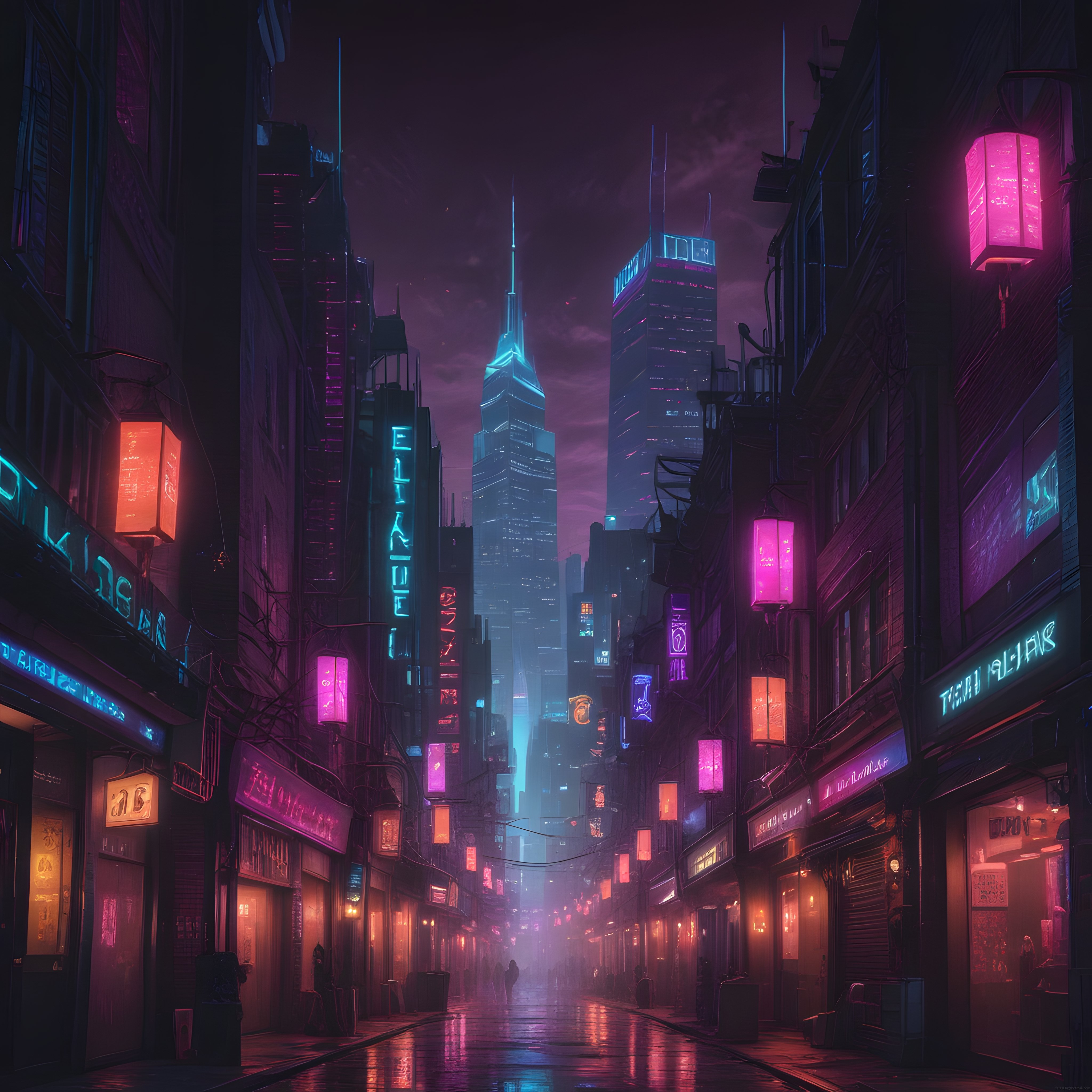 Yağmurlu Gecede Neon Işıklarla Aydınlanan Cyberpunk Şehir Manzarası