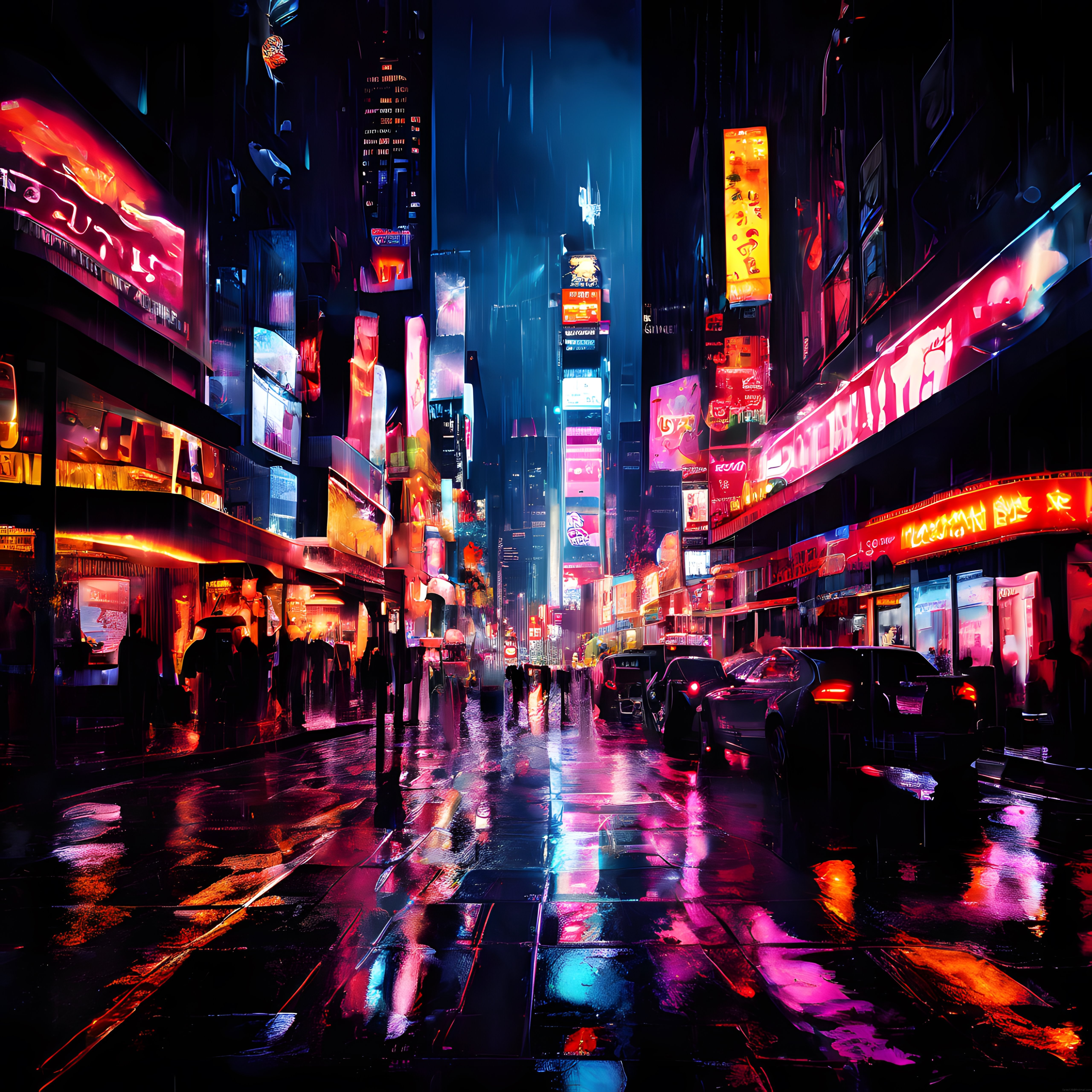 Yağmurlu Gecede Neon Işıklarla Aydınlanmış Cyberpunk Şehir ve Yansımalar