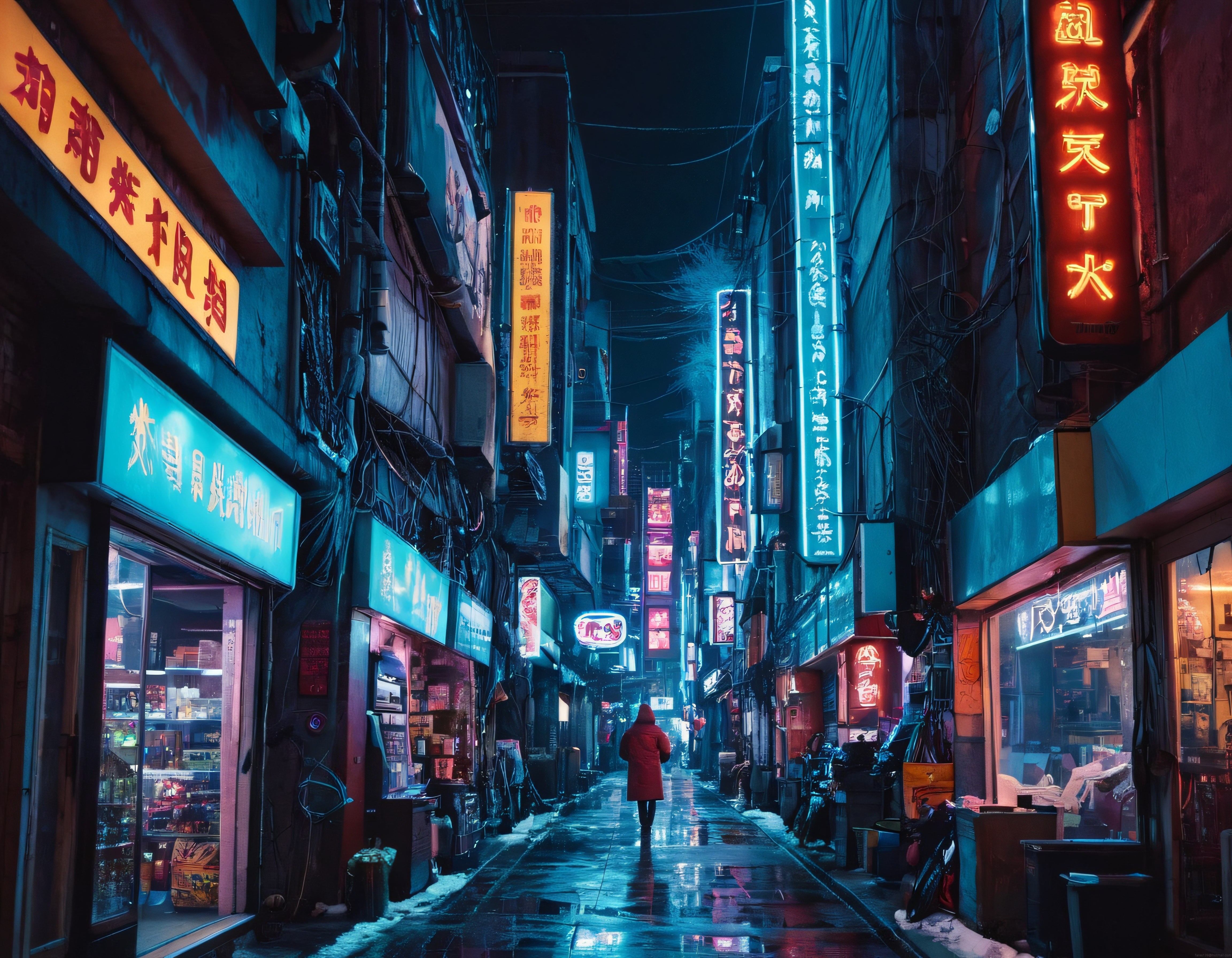Yağmurlu Gecede Neon Işıklı Cyberpunk Asya Sokağı ve Yalnız Yürüyen İnsan