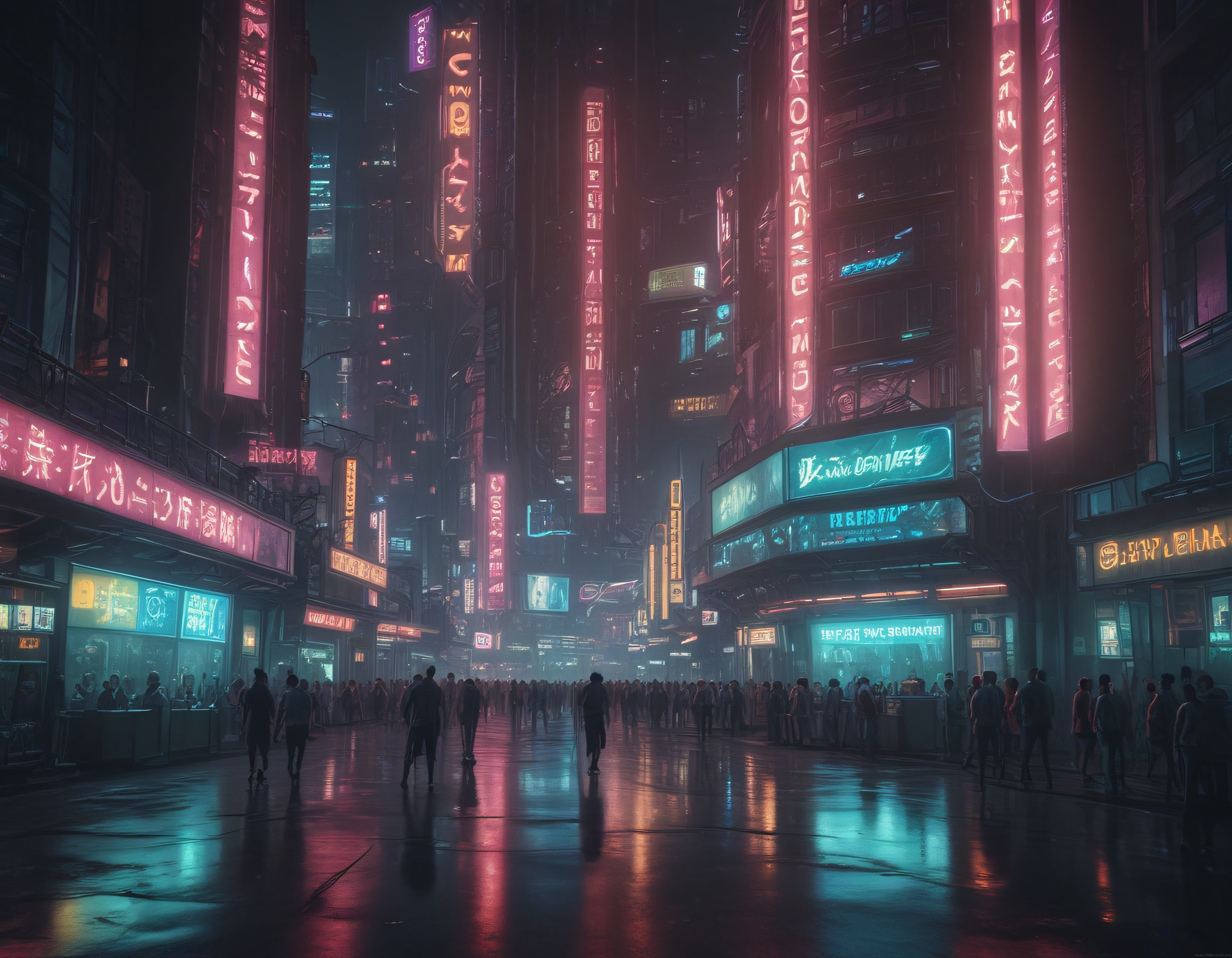 Yağmurlu Geleceğin Metropolünde Neon Işıklı Cyberpunk Sokak Manzarası