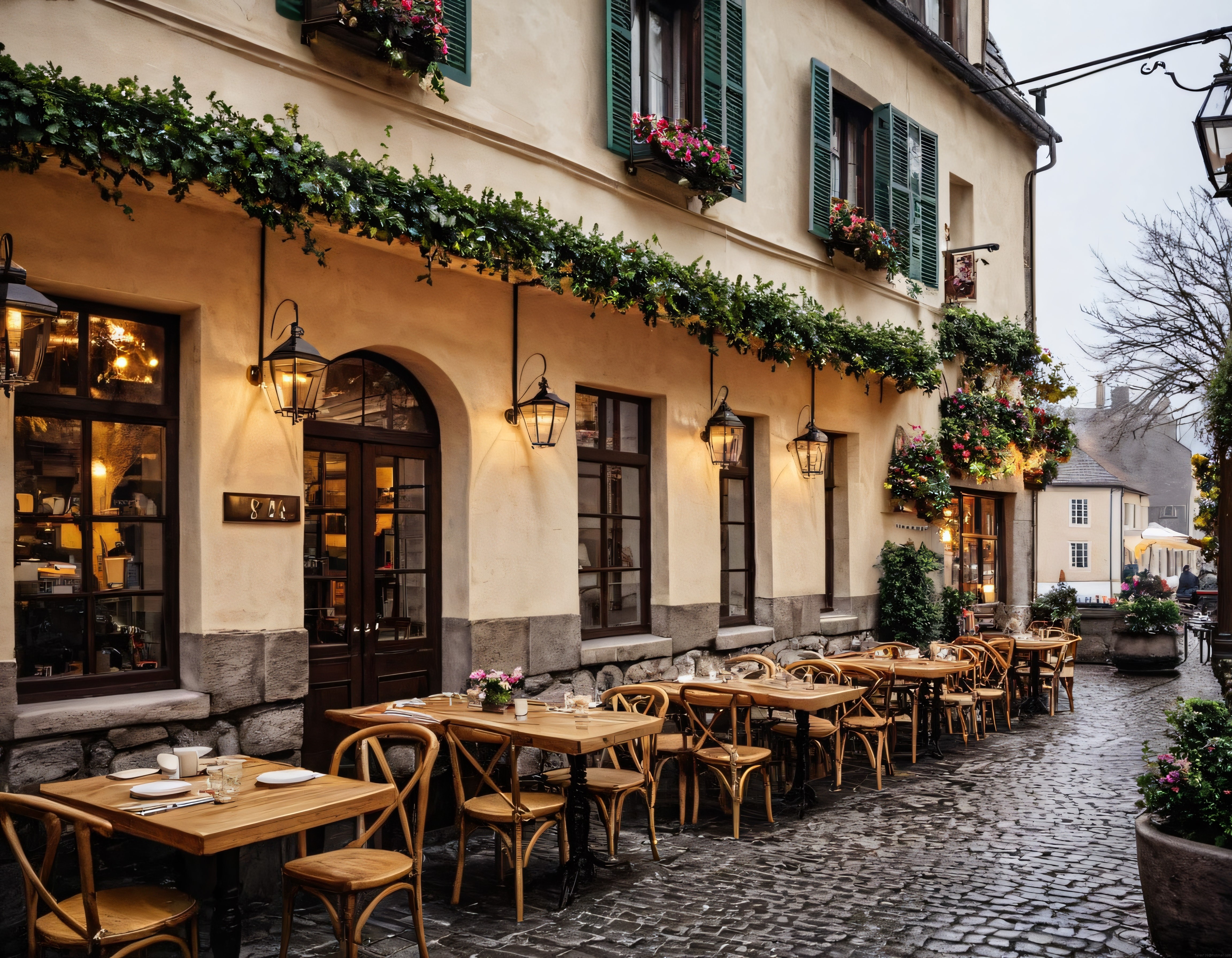 Yağmurlu Havada Islak Taş Döşeli Avrupa Sokak Restoranının Romantik Atmosferi