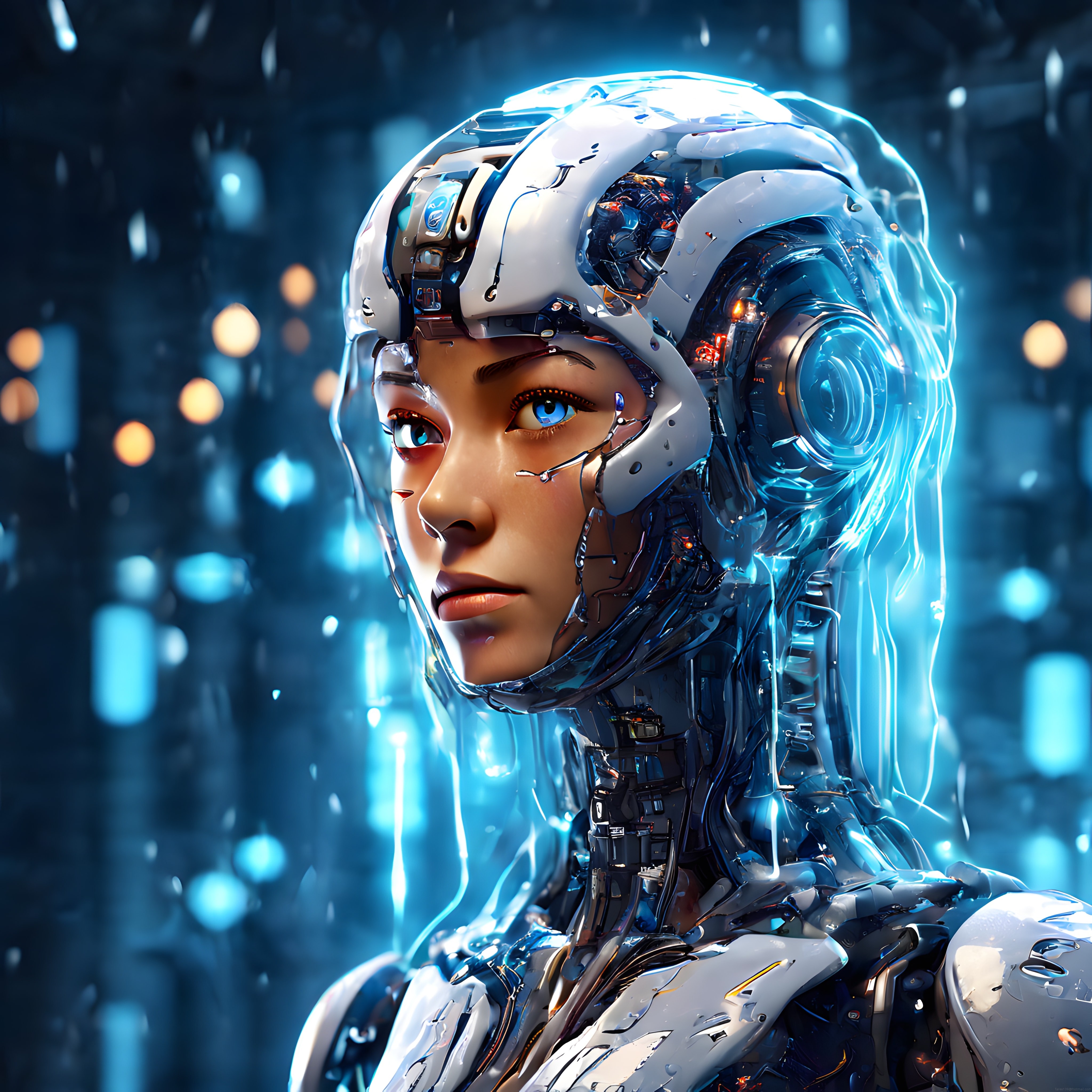 Yağmurlu Neon Şehirde Fütüristik Kadın Cyborg Portresi ve Mavi Işıklar