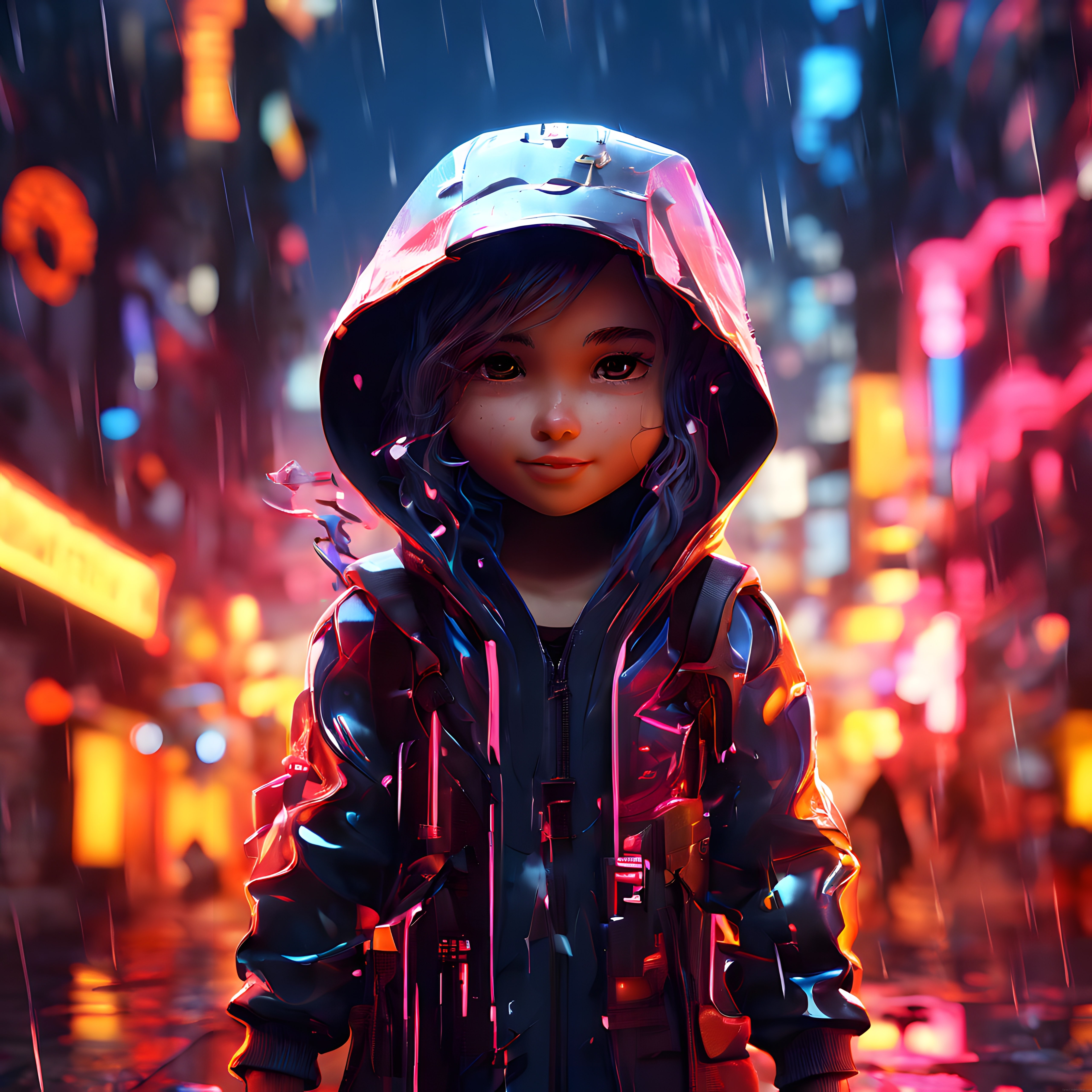 Yağmurlu Neon Şehirde Kapüşonlu Çocuk: Cyberpunk Dijital Sanat İllüstrasyonu