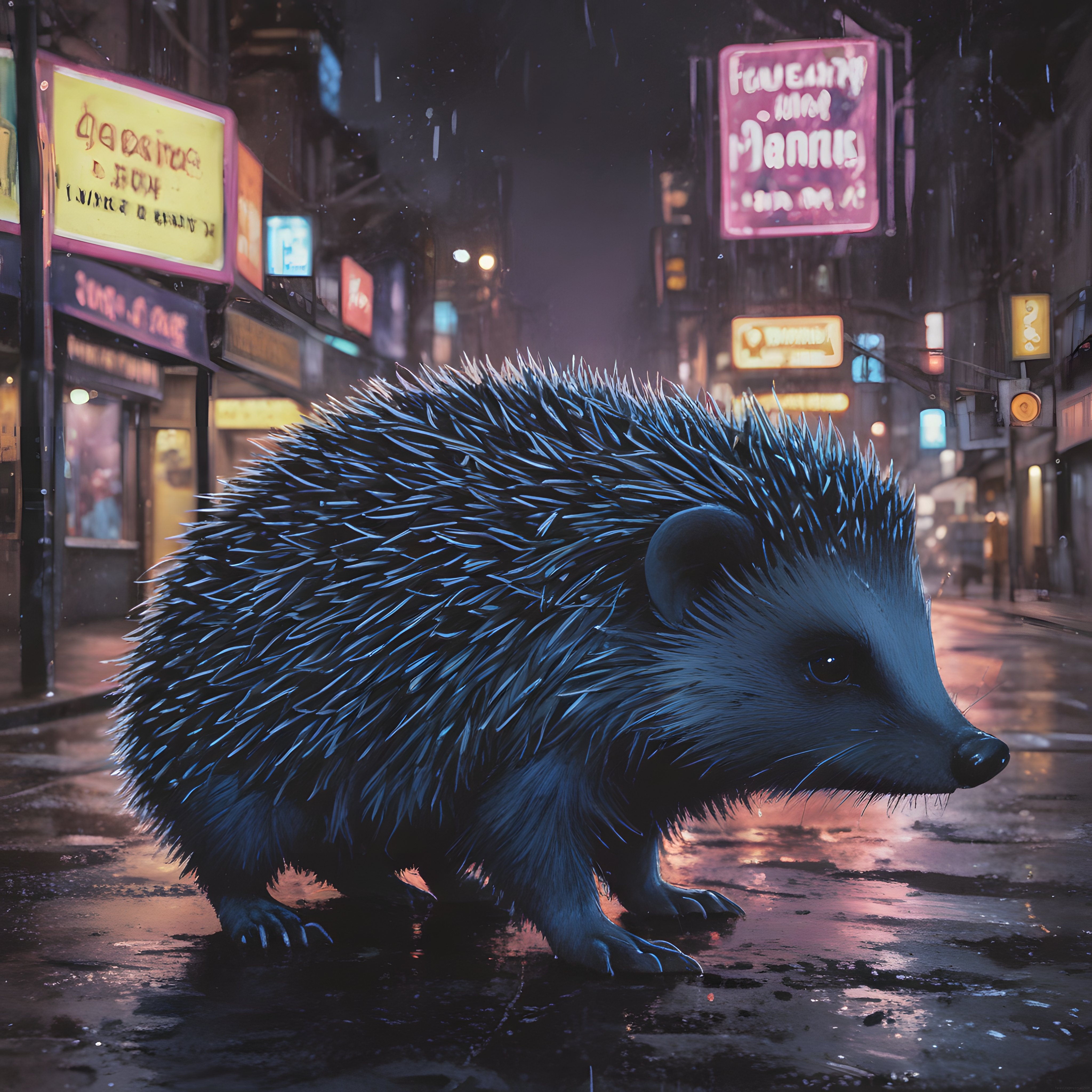 Yağmurlu Neon Şehirde Yürüyen Dev Mavi Kirpi: Fantastik Gece Macerası
