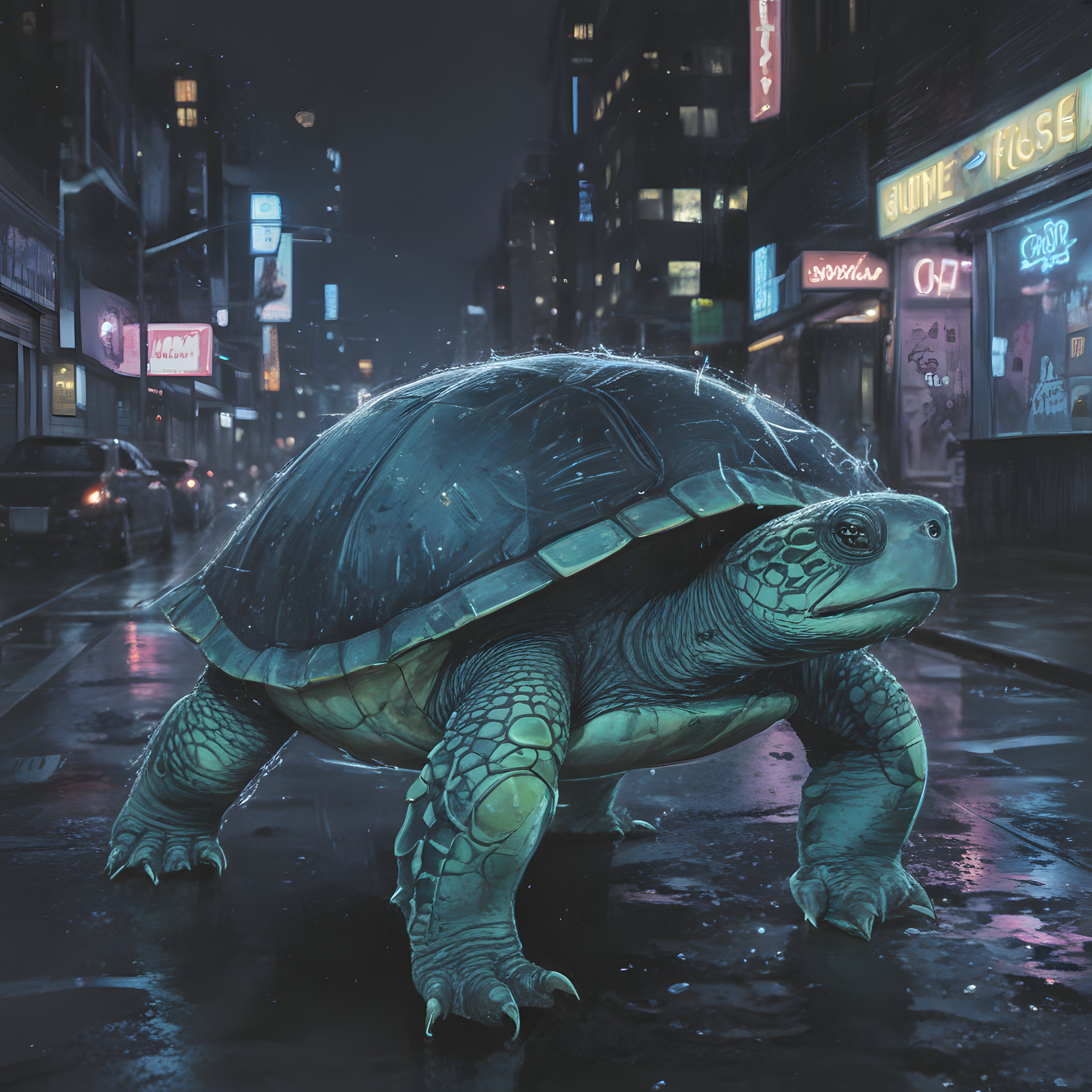 Yağmurlu neon sokaklarda yürüyen devasa kaplumbağa: cyberpunk dijital sanat