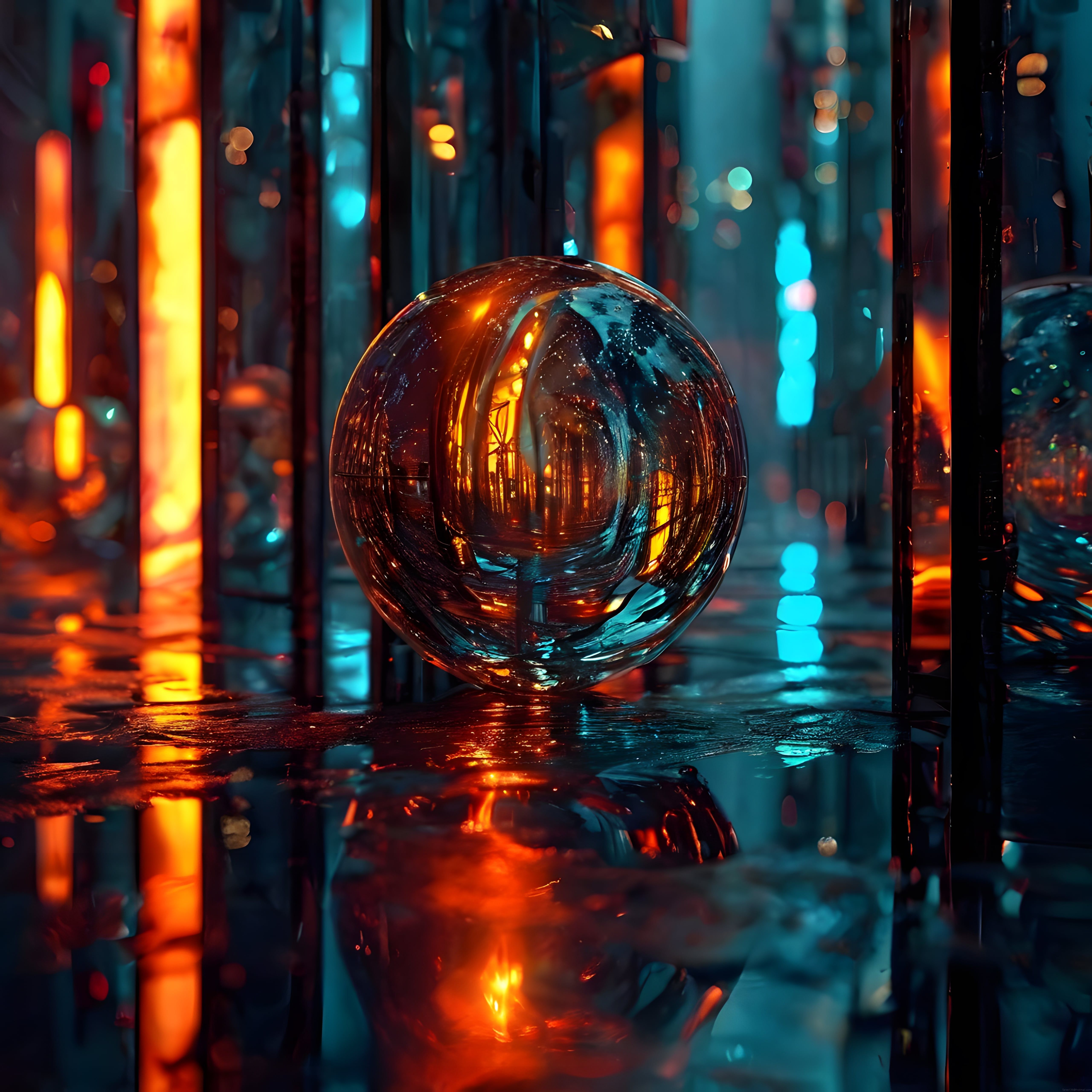 Yağmurlu Neon Sokakta Gizemli Cam Küre ve Şehir Işıkları Yansıması