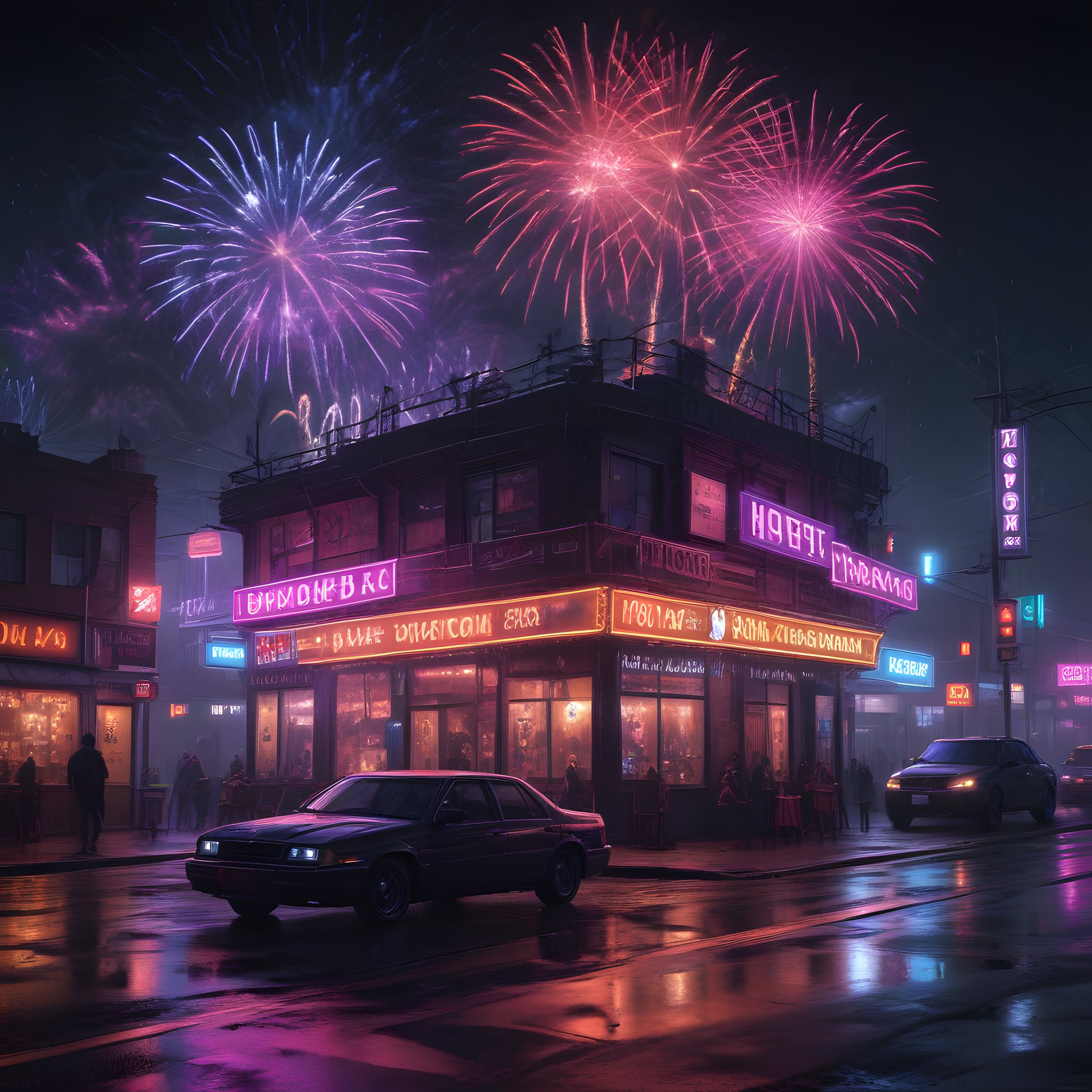 Yağmurlu sokak köşesinde retro neon ışıklar ve kutlama havai fişekleri