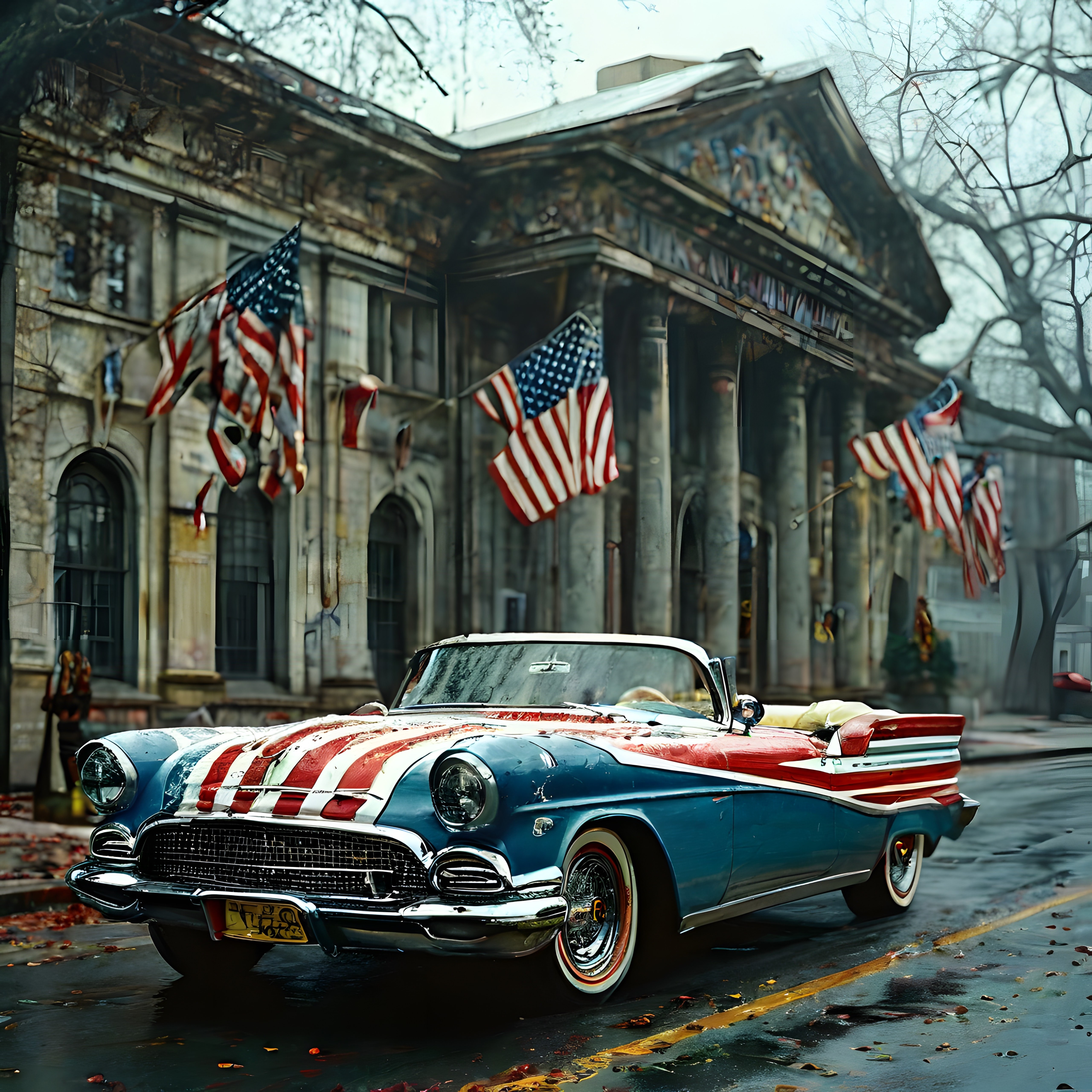 Yağmurlu Sokakta Amerikan Bayraklı Klasik Convertible ve Tarihi Bina Manzarası