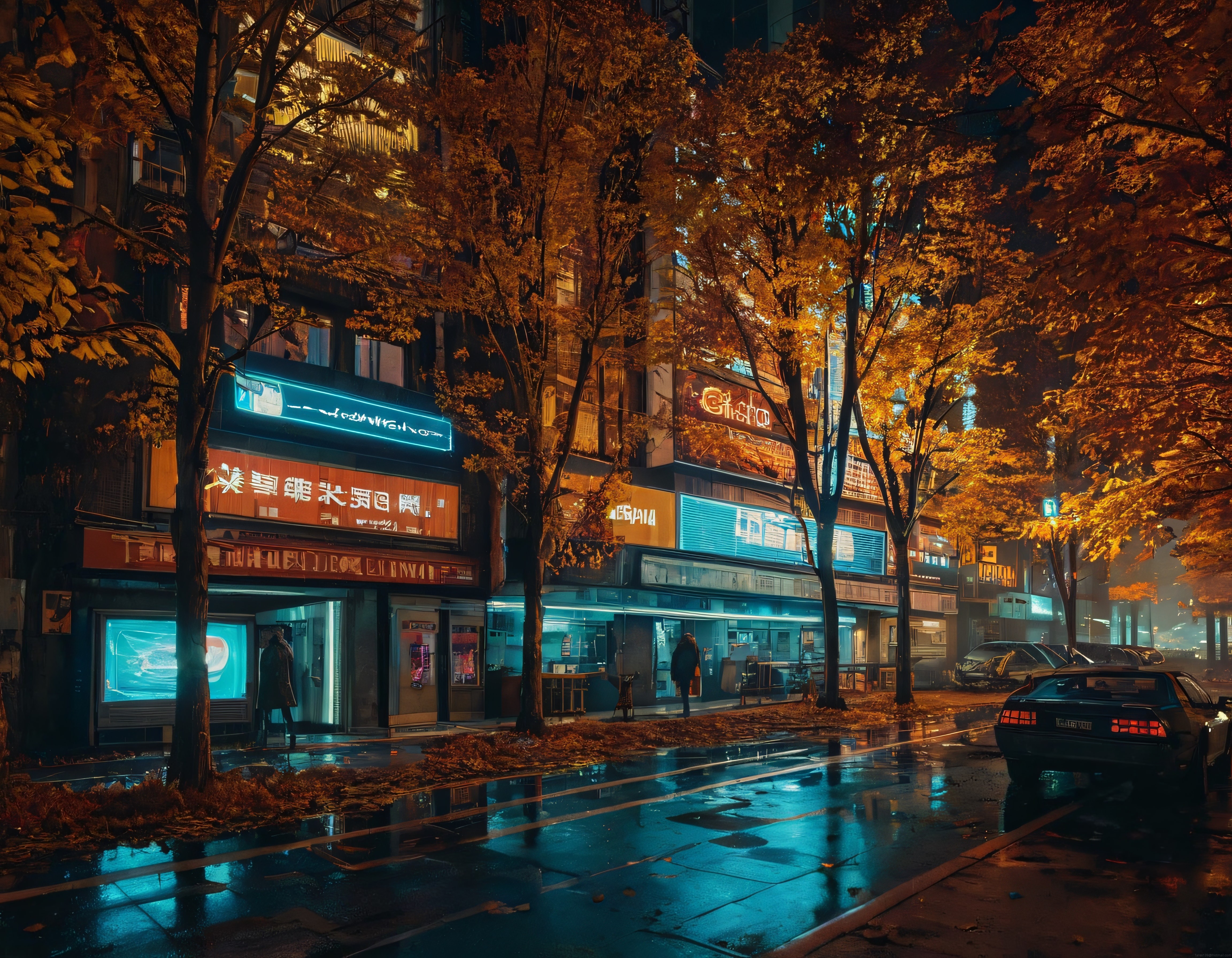 Yağmurlu Sonbahar Gecesinde Neon Işıklı Şehir Caddesi ve Yansımaları