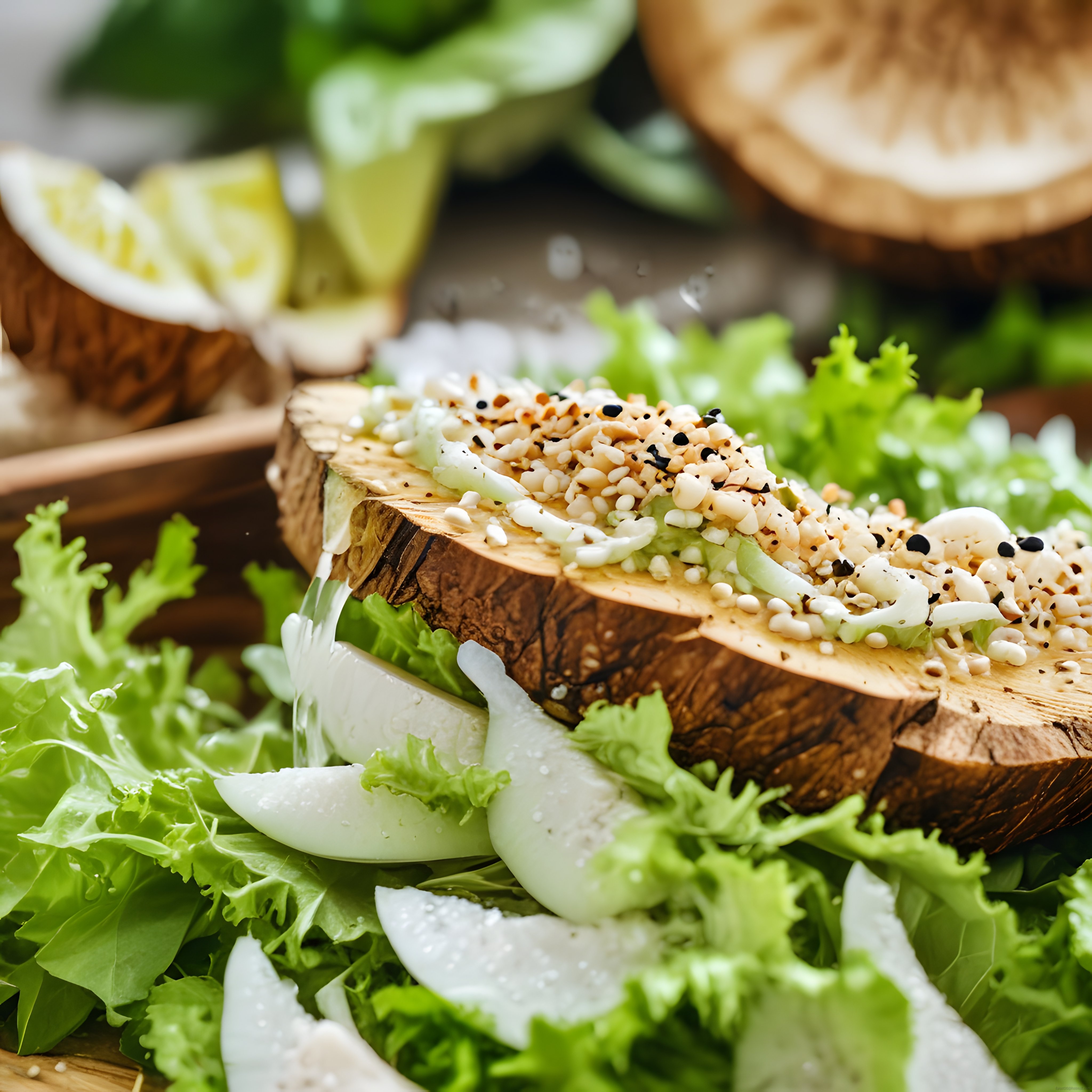 Yakın çekimde ahşap sunum tahtası üzerinde susamlı sushi ve taze salata