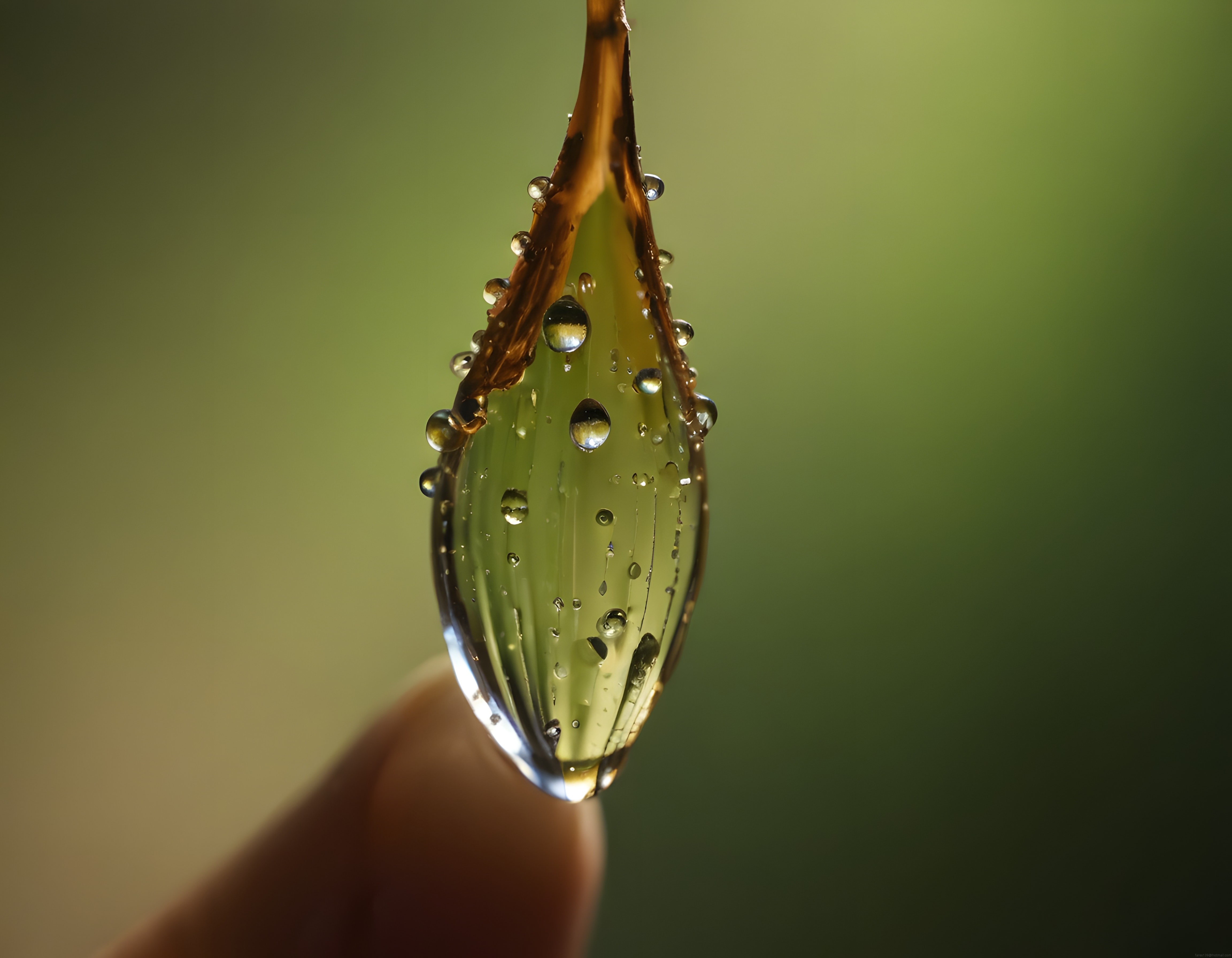 Yakın Çekimde Bitki Üzerinde Parıldayan Su Damlacıkları ve Yeşil Bokeh