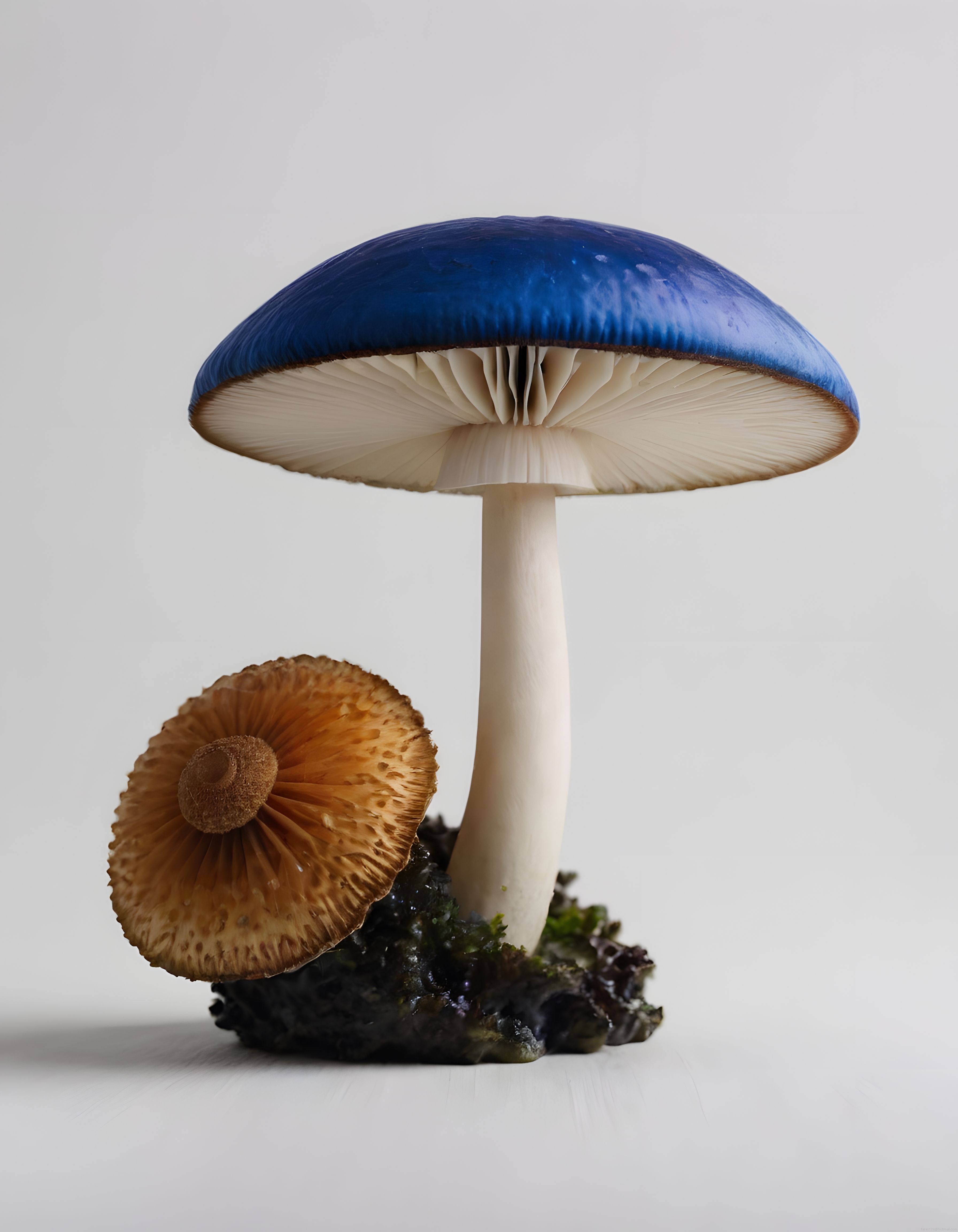Yakın Çekimde Büyüleyici Mavi Mantar ve Ters Konumlu Amber Fungus