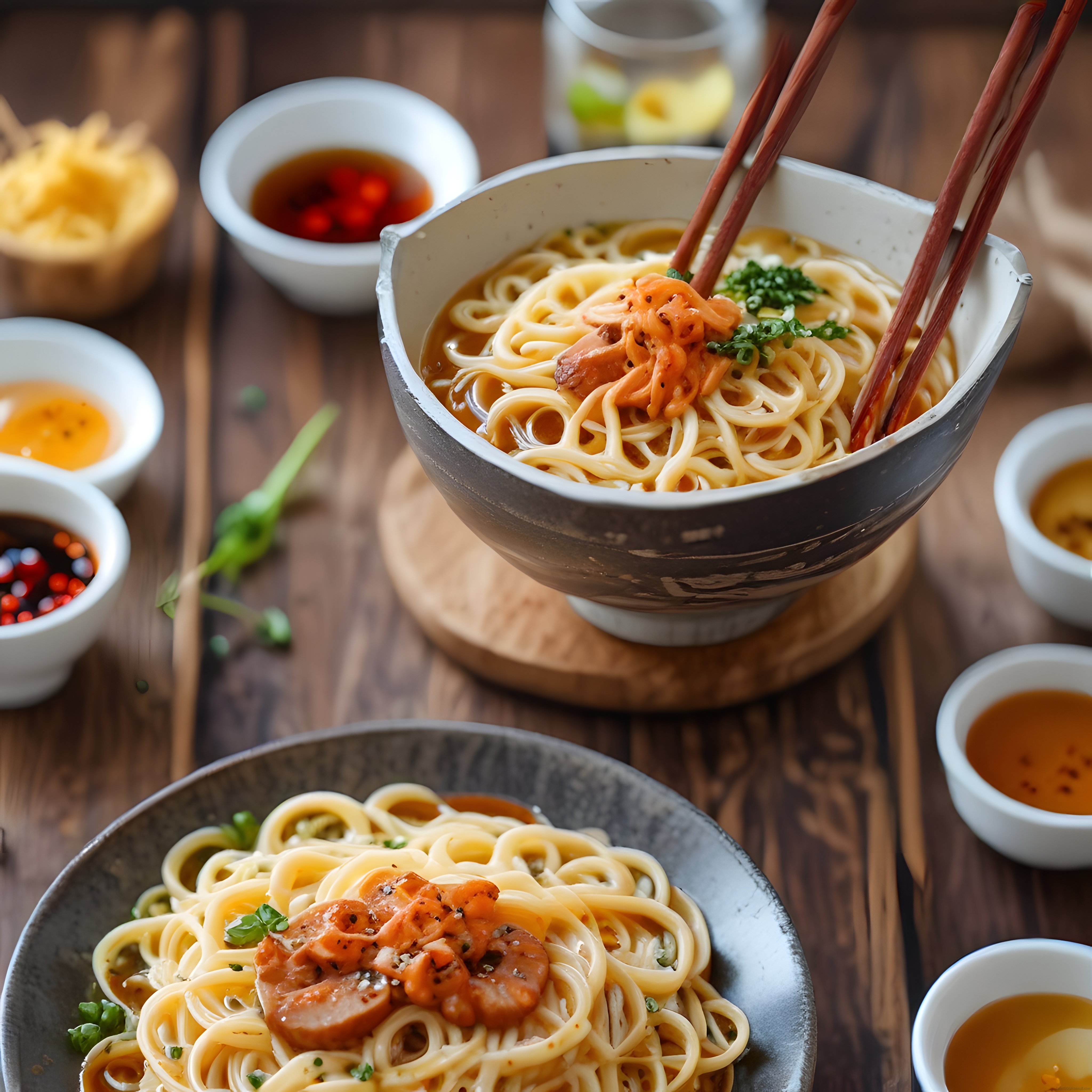 Yakın Çekimde Japon Ramen Çorbası: Bambu Filizi ve Baharatlı Soslar
