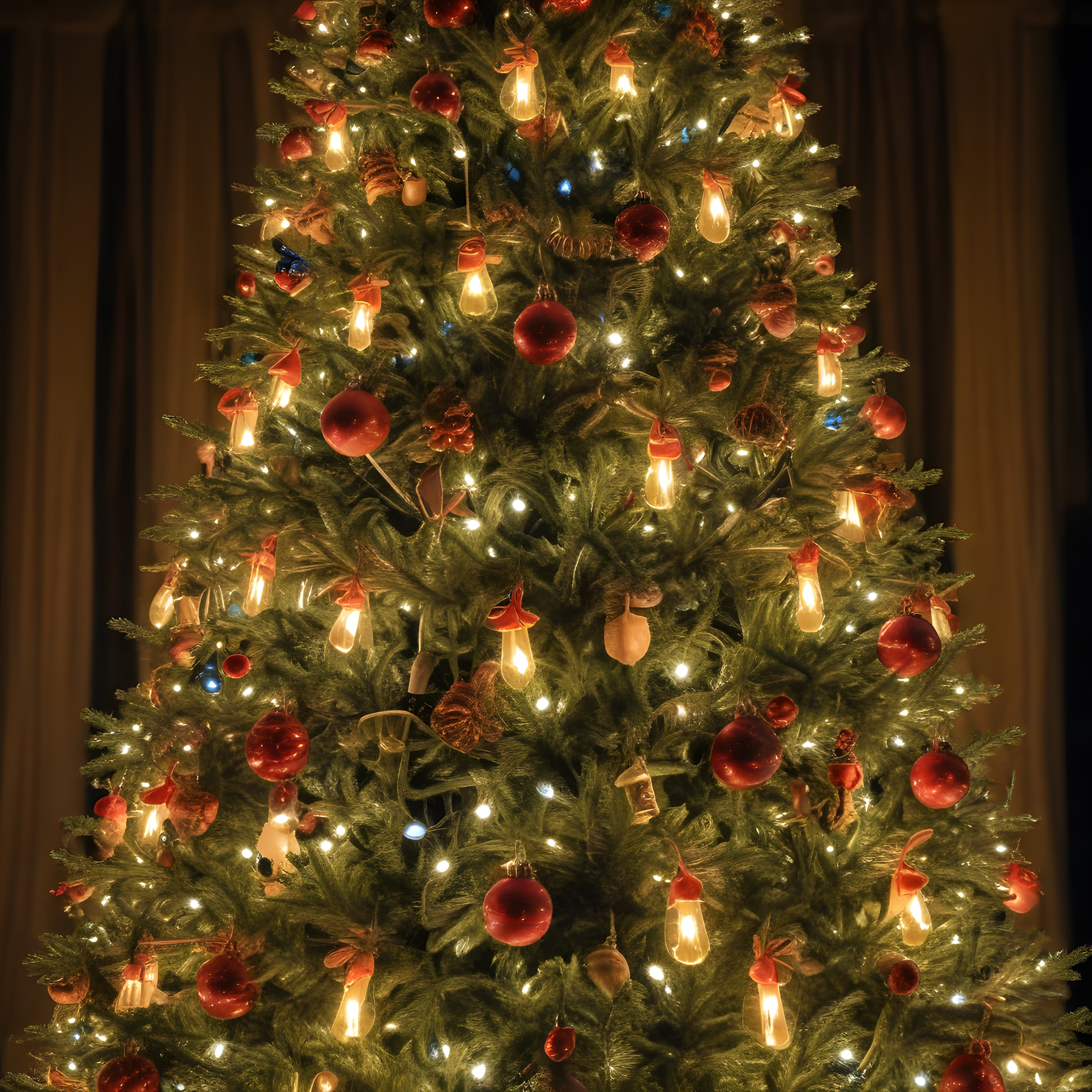 Yakın çekimde kırmızı ve altın süslerle süslenmiş ışıldayan noel ağacı detayı