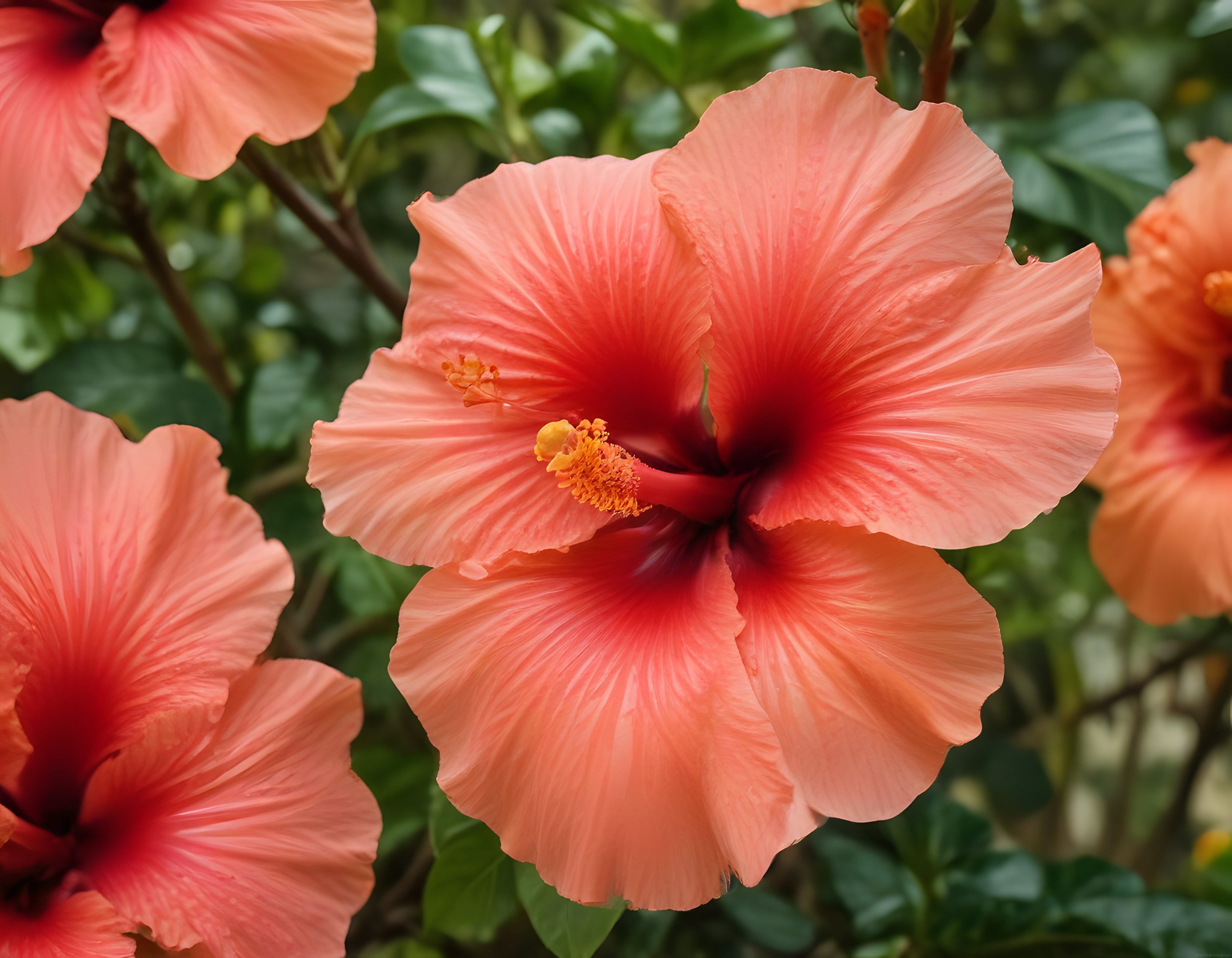Yakından Çekilmiş Canlı Somon Rengi Hibiskus Çiçekleri ve Yeşil Yapraklar