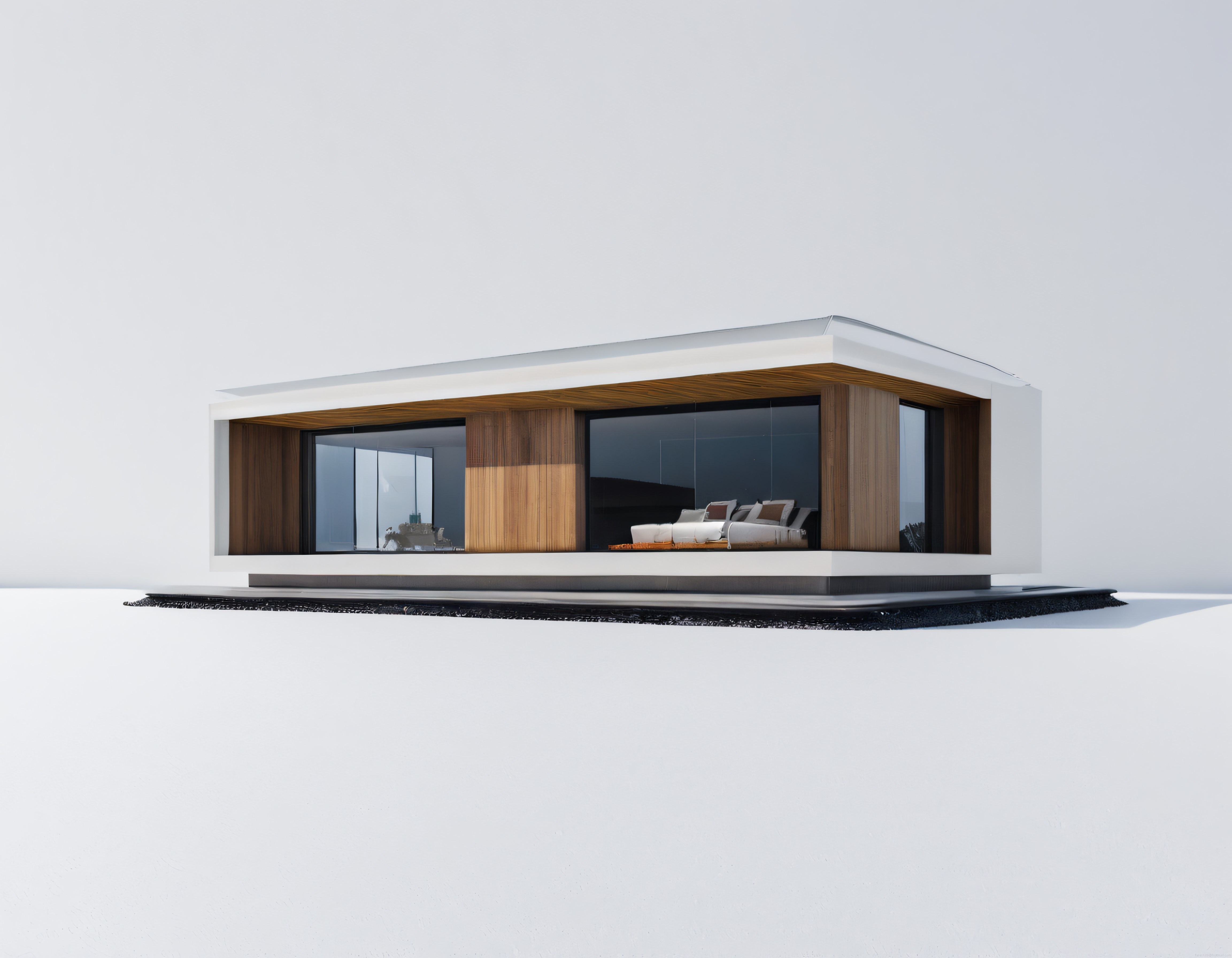Yalın Beyaz Fon Üzerinde Cam ve Ahşap Detaylarla Süslenmiş Modern Minimalist Ev
