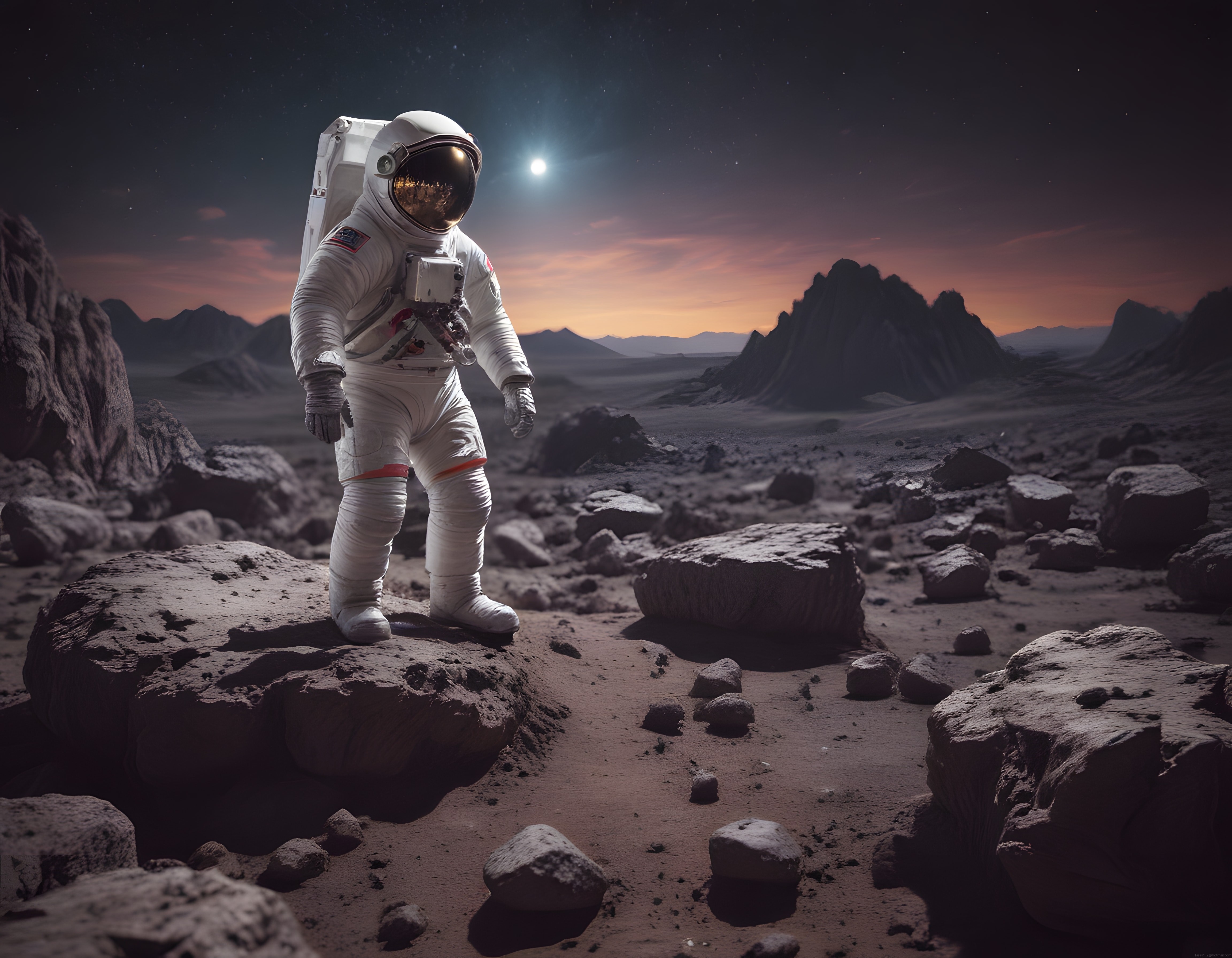 Yalnız astronotun kayalık gezegende uzay yürüyüşü ve derin evren manzarası