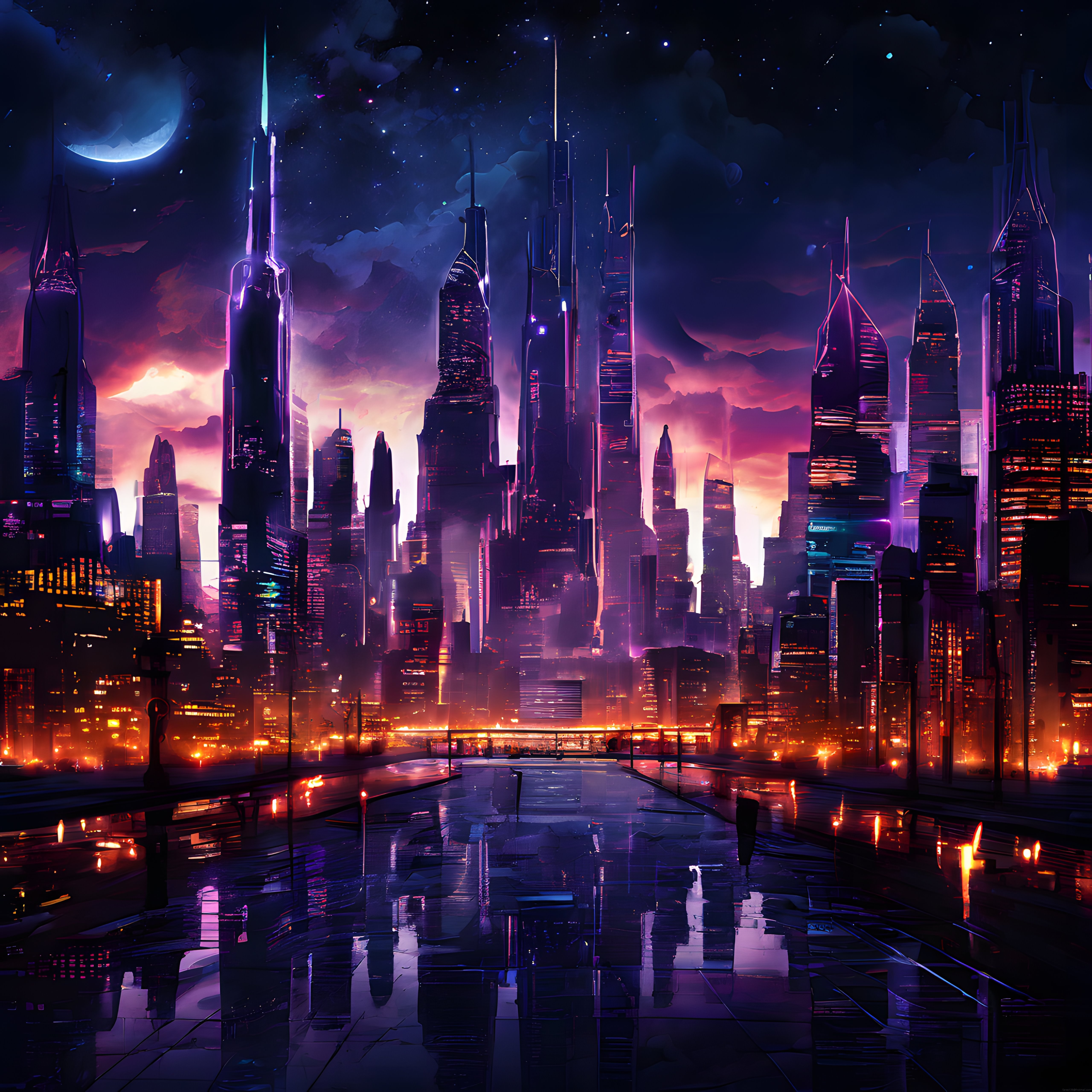 Yalnız figürün izlediği neon cyberpunk metropol ve gezegen manzarası
