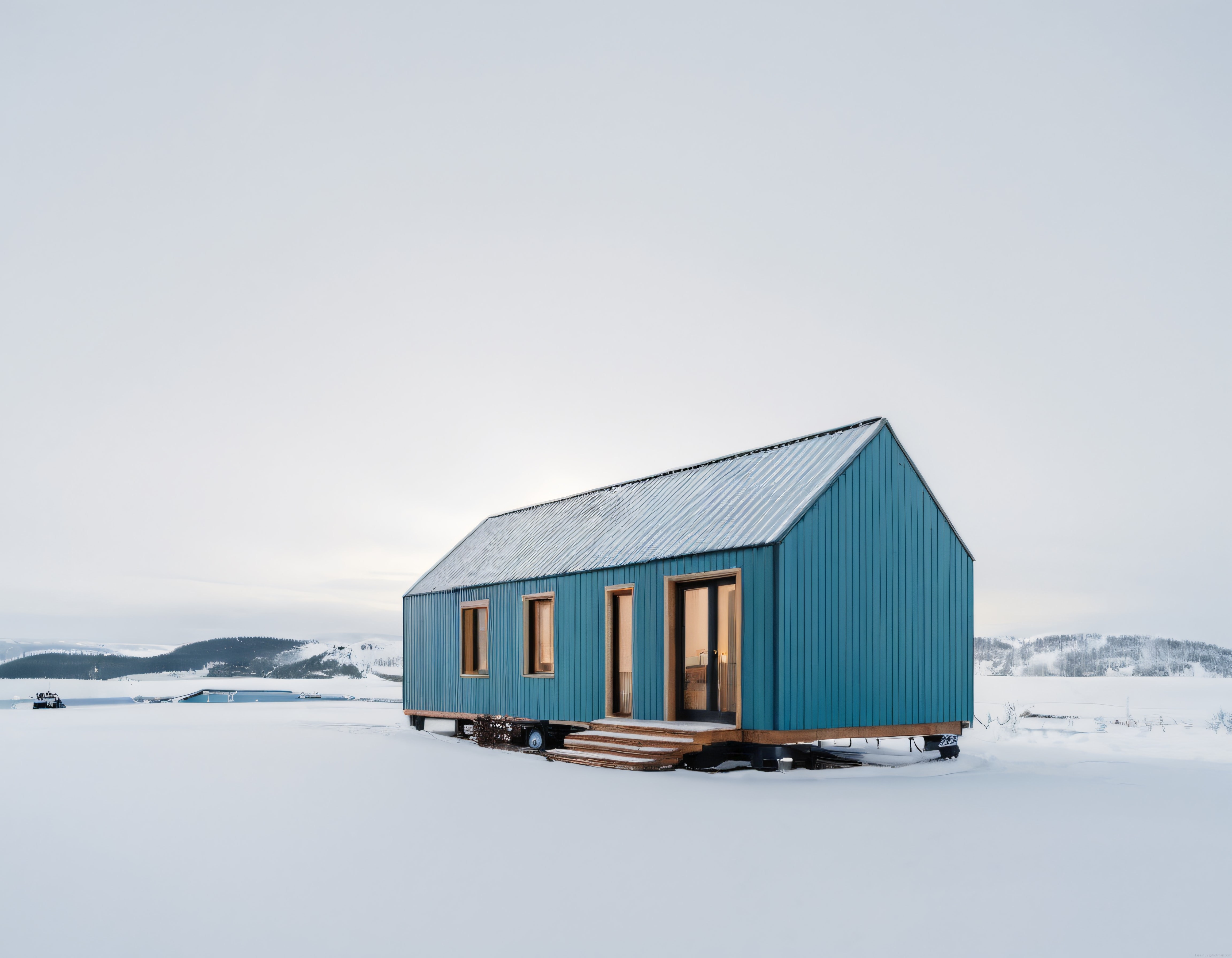 Yalnız Karlı Arazide Tekerlekli Mavi Tiny House ve Huzurlu Kış Manzarası