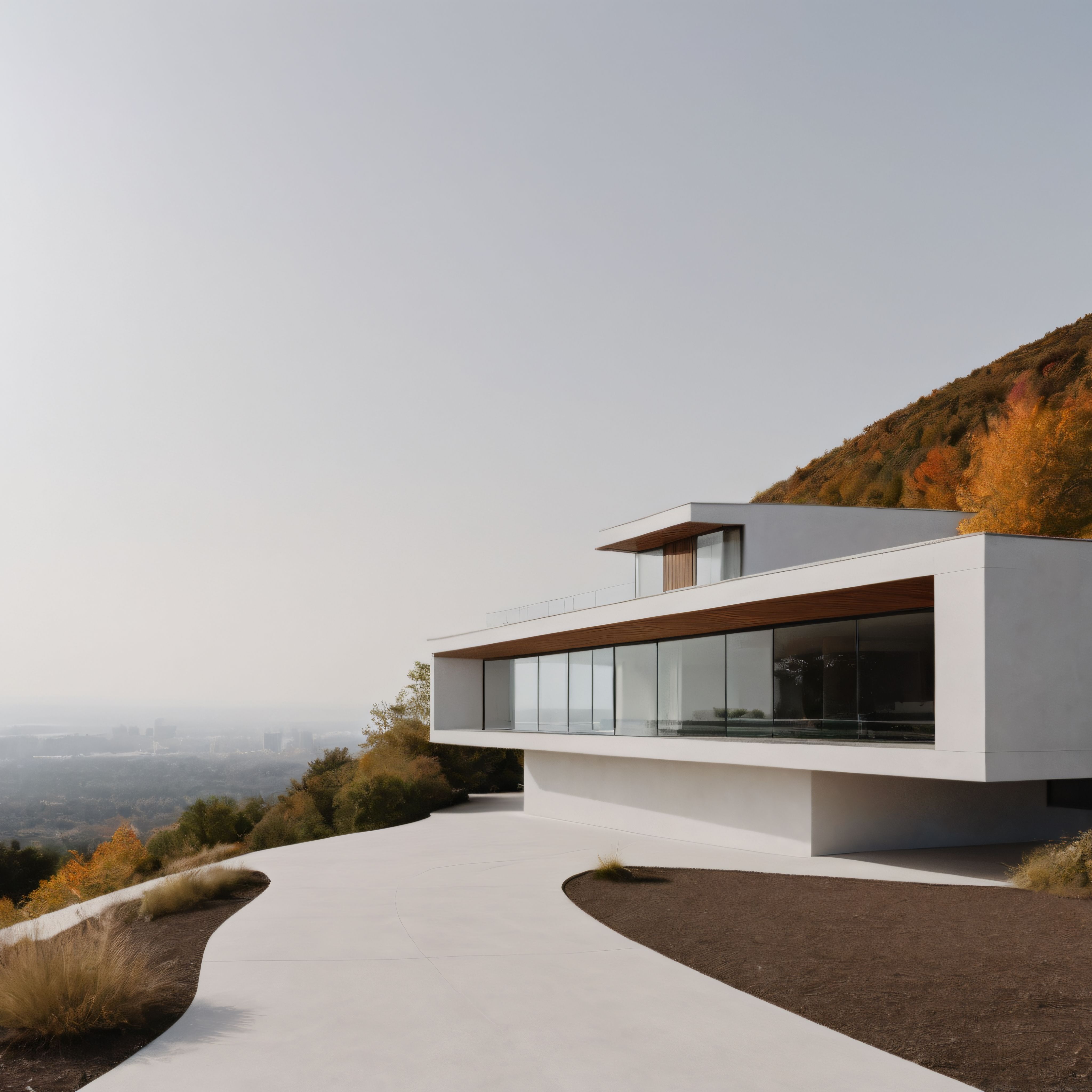 Yamaçta Gömülü Modern Minimalist Villa ile Büyüleyici Şehir Manzarası
