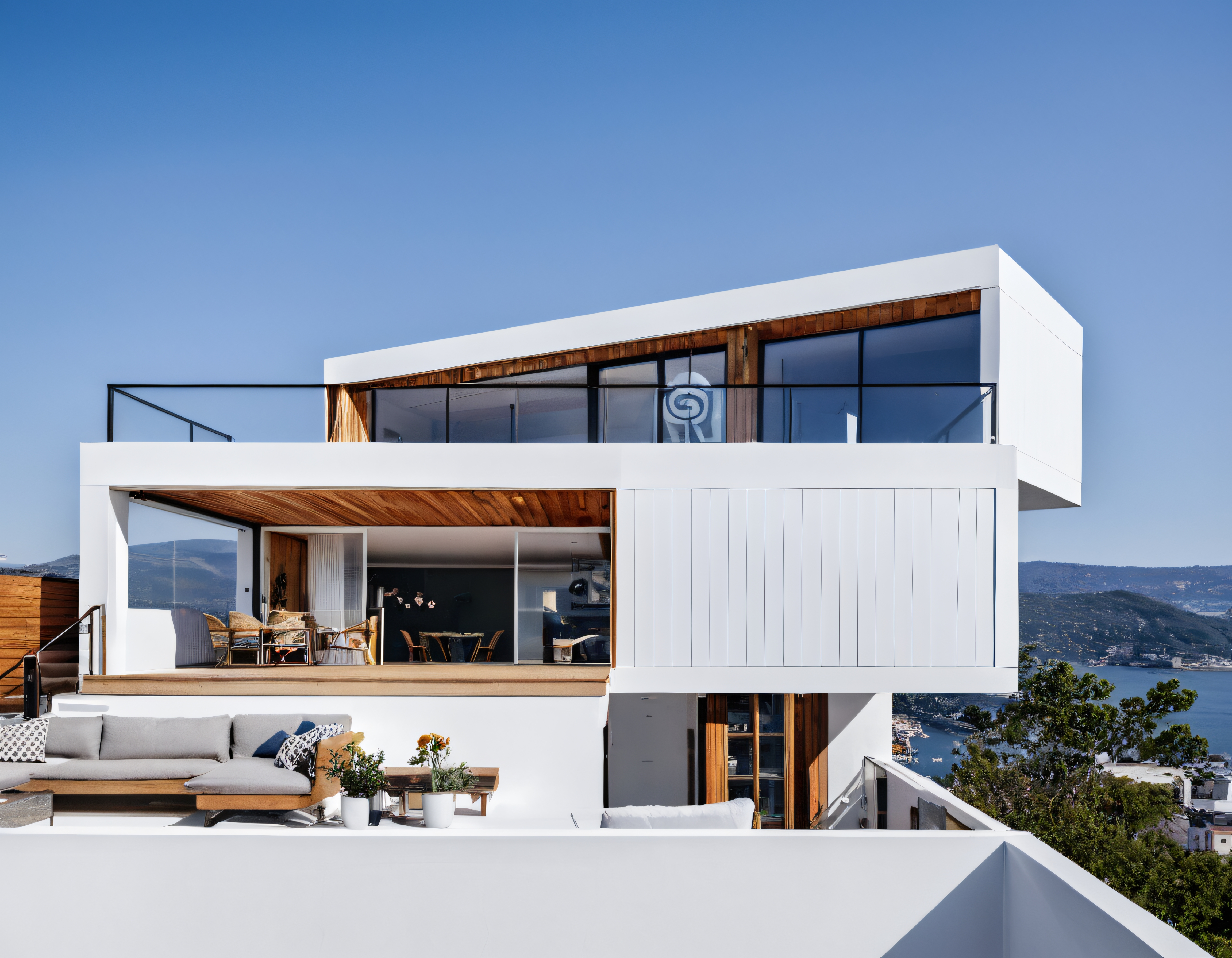 Yamaçta Yükselen Çağdaş Beyaz Villa: Panoramik Manzara ve Açık Teras