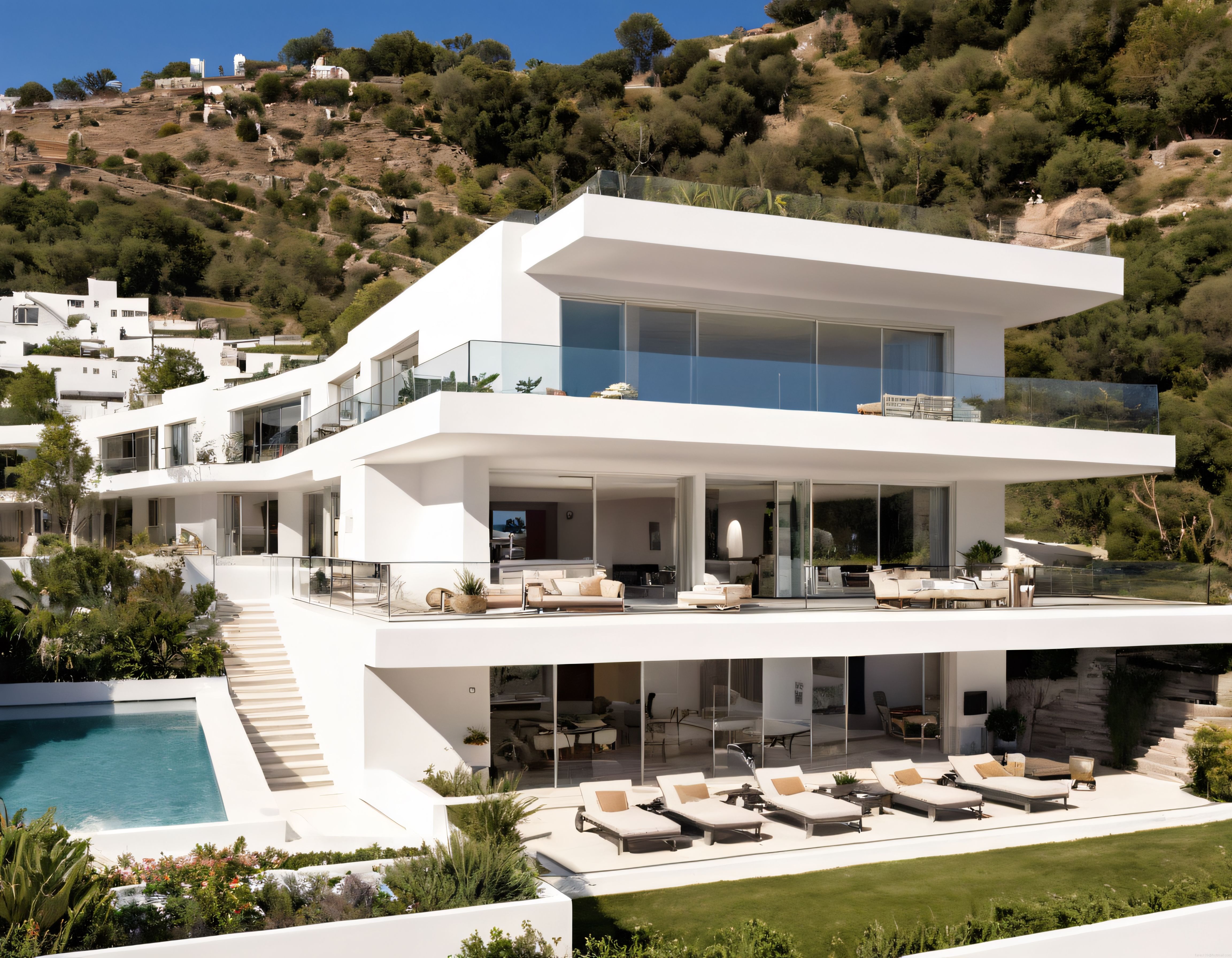 Yamaçta yükselen modern beyaz villa camlı cepheleri ve havuzuyla doğayla iç içe