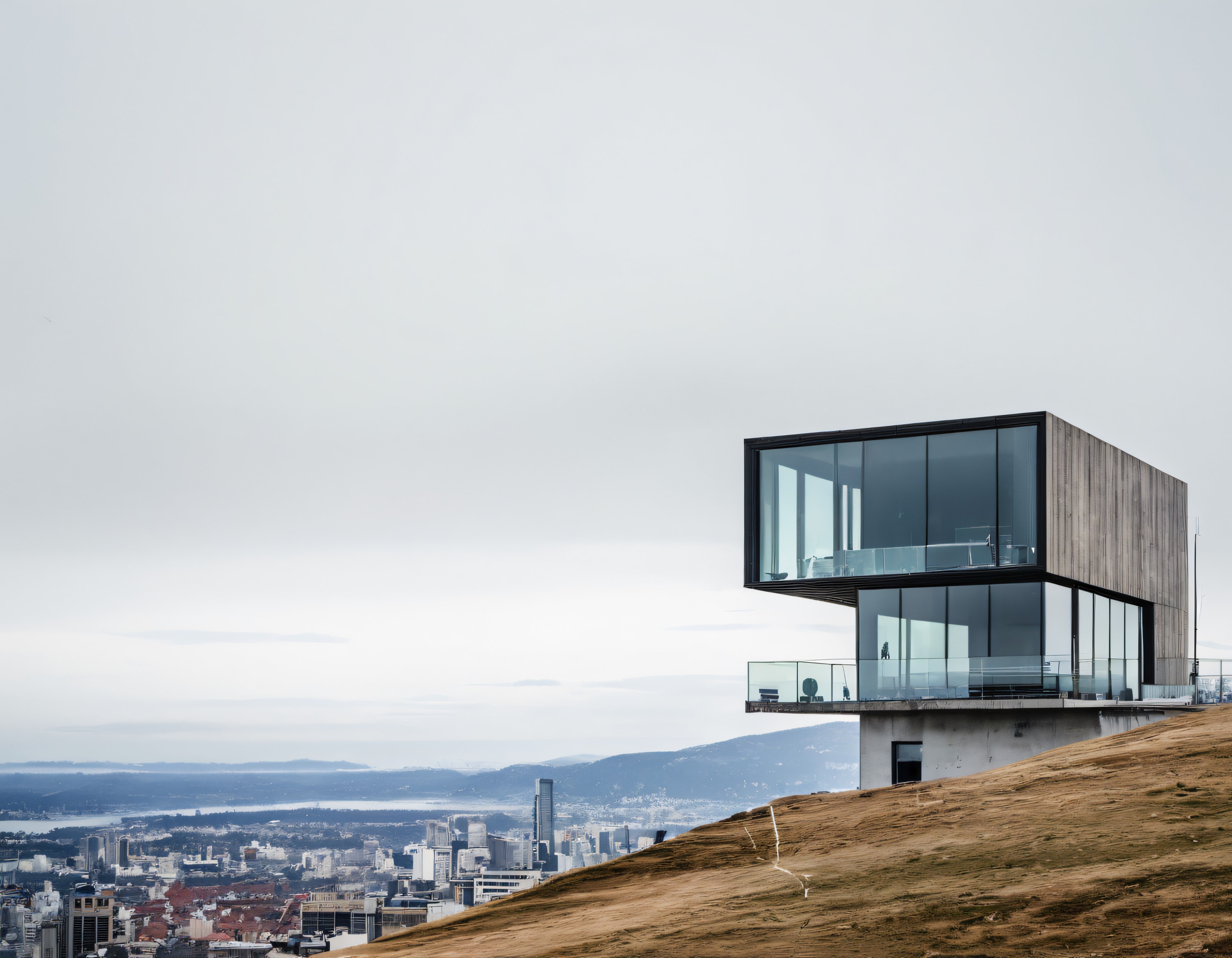 Yamaçta Yükselen Şehir Manzaralı Minimalist Cam Ahşap Modern Yapı