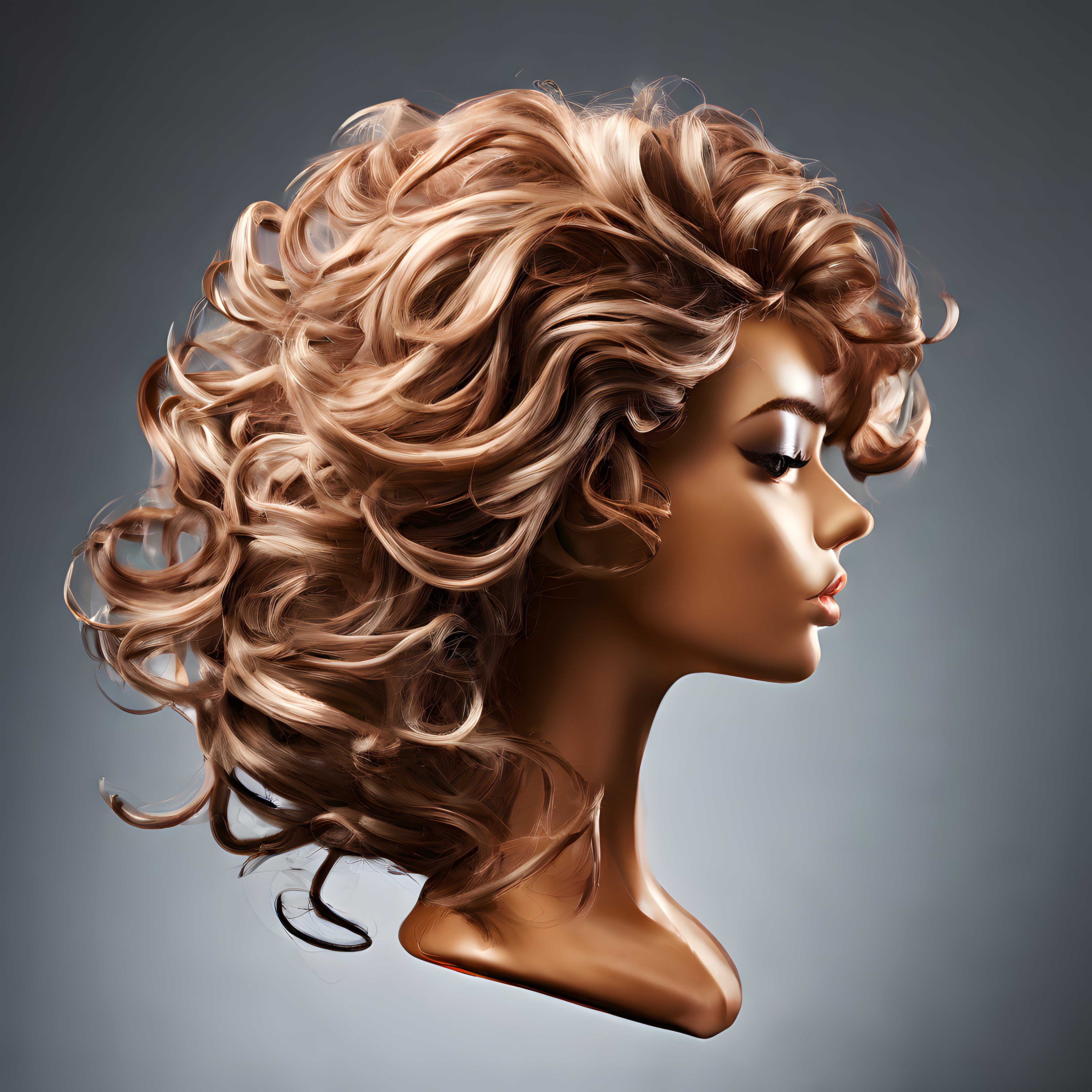 Yan Profilde Hacimli Dalgalı Sarı Saç Modeli Sunan Bronz Manken Başı