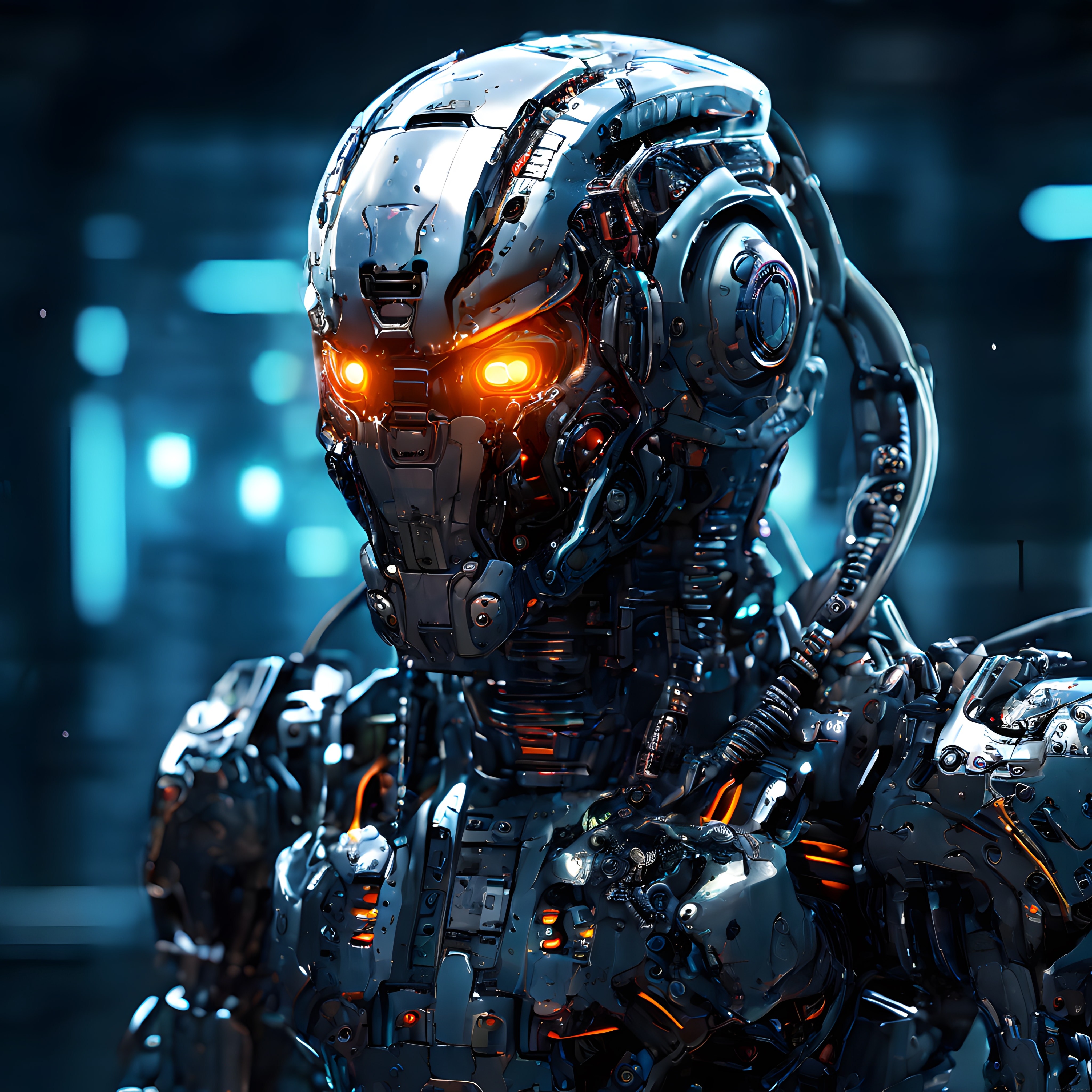 Yanan gözlü cyberpunk robot mekanik detaylarıyla geleceğin teknolojik yüzü