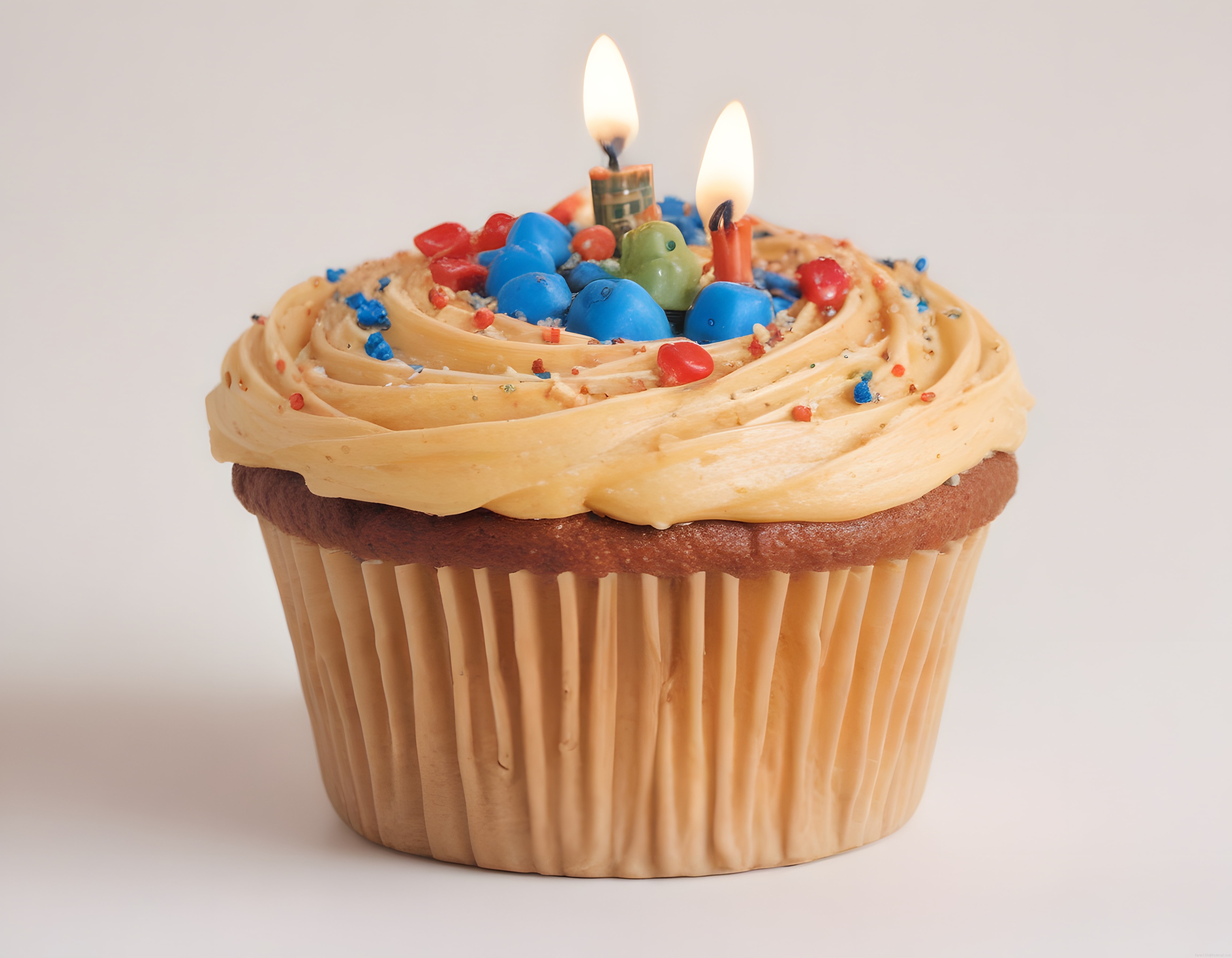 Yanan Mumları ve Renkli Şekerlemeleriyle Süslü Doğum Günü Cupcake'i