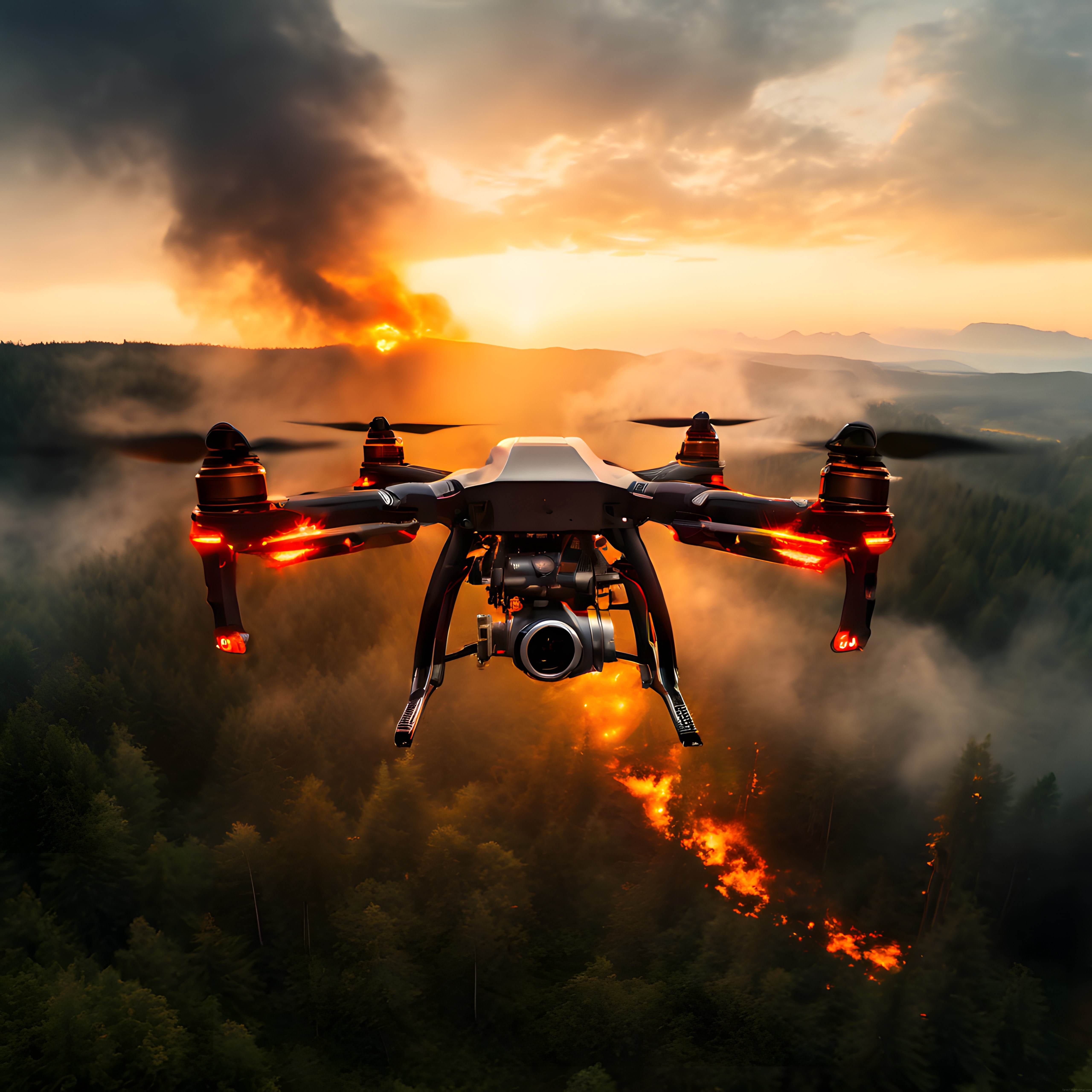 Yanan Ormanın Üzerinde Uçan Profesyonel Drone ve Dramatik Gün Batımı