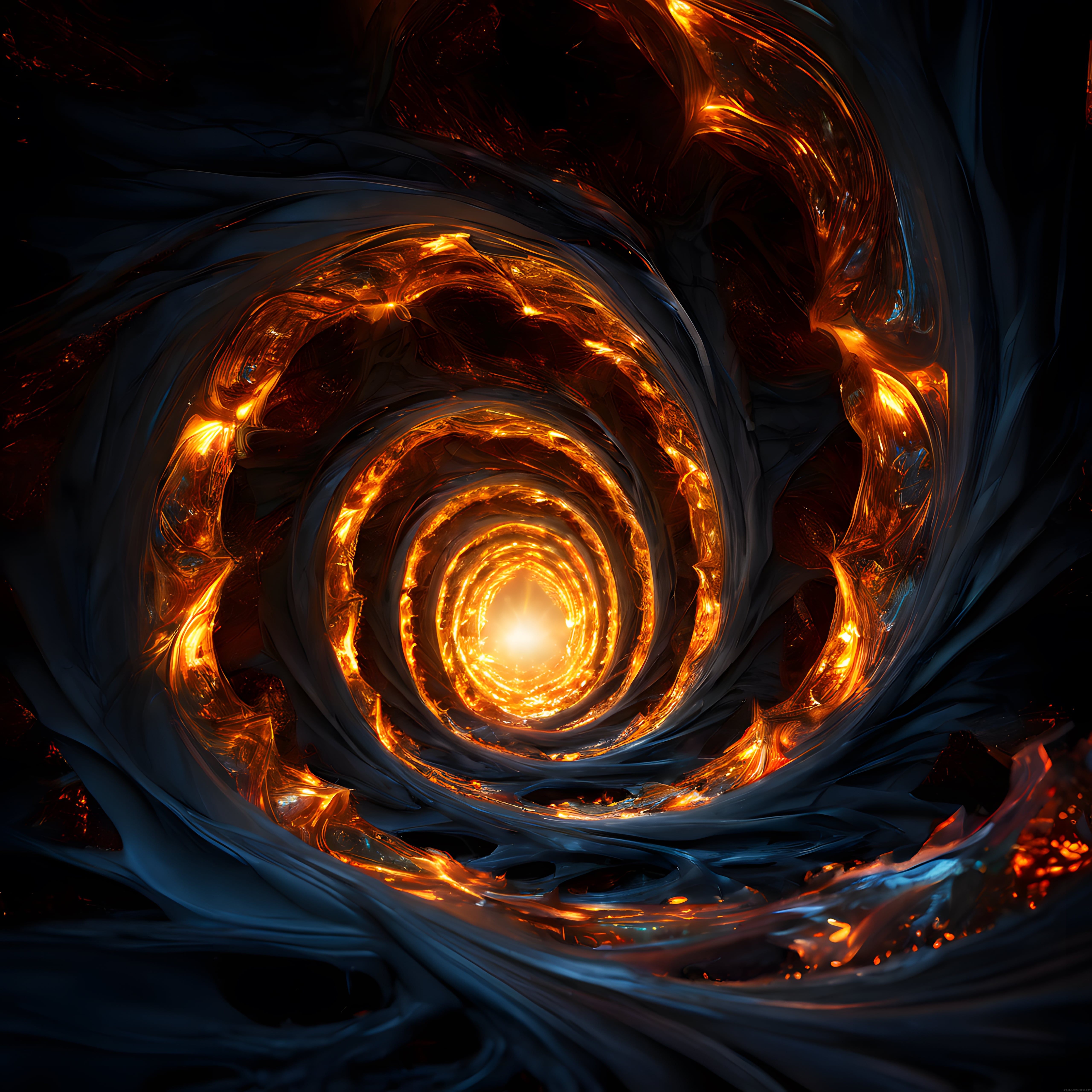 yanan sarmal vortex dijital sanatta ateş ve koyu mavinin büyüleyici dansı