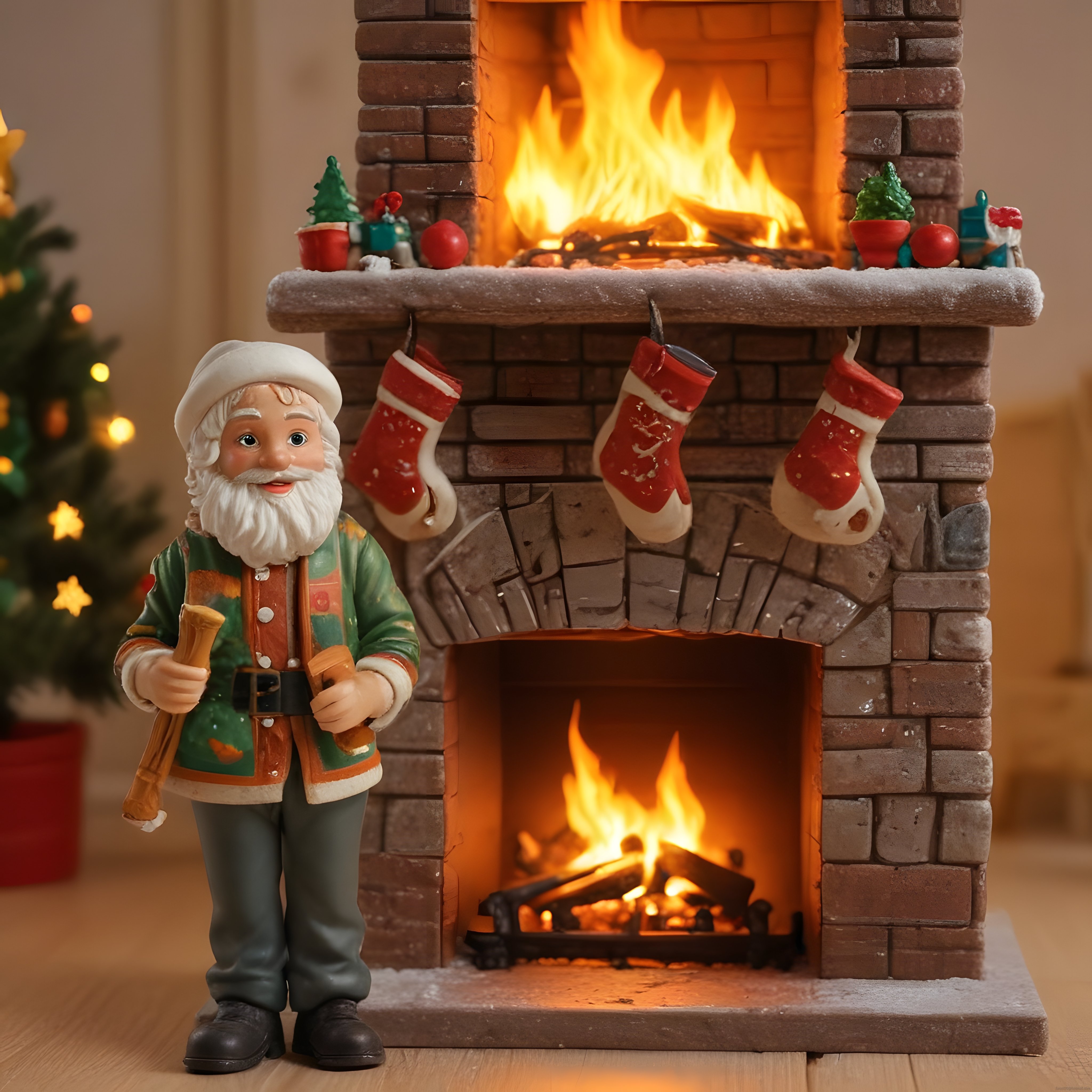 Yanan Şömine Minyatürü ve Noel Baba Figürü ile Yılbaşı Dekoru