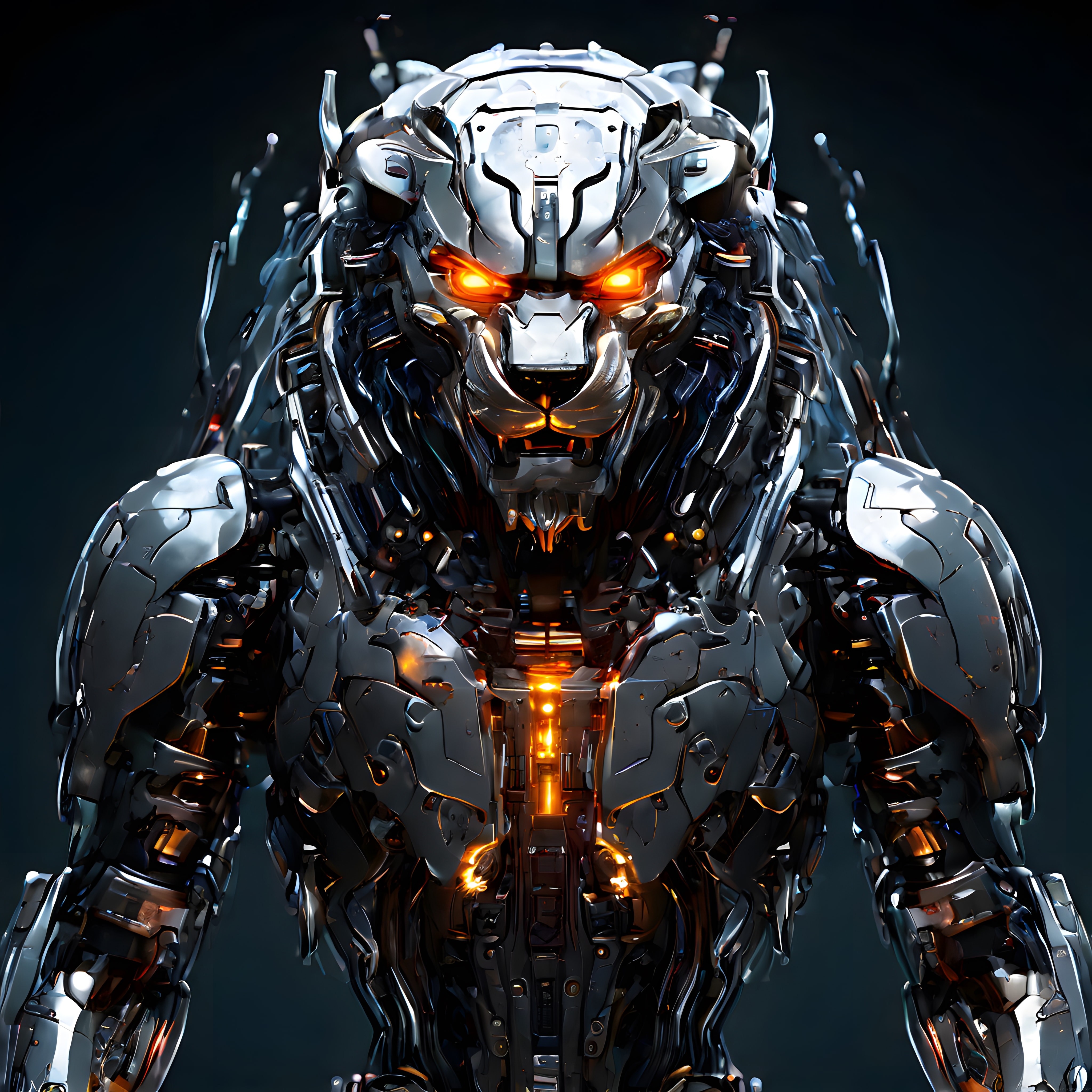 Yanan Turuncu Gözleriyle Gümüş Metalden Forje Edilmiş Mekanik Aslan Robot
