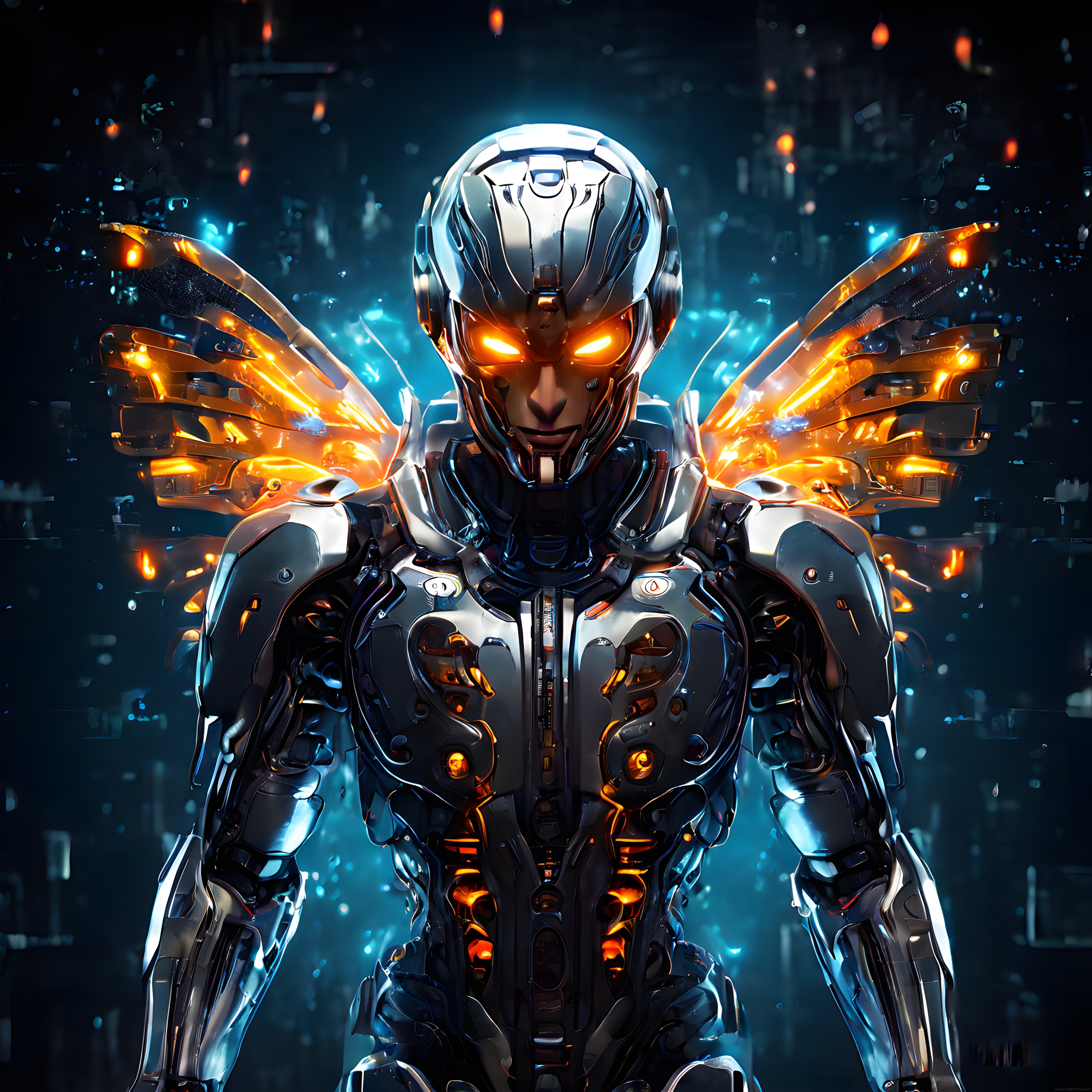 Yanar Gözleriyle Karanlık Cyberpunk Şehirde Zırhlı Cyborg ve Mekanik Kanatları