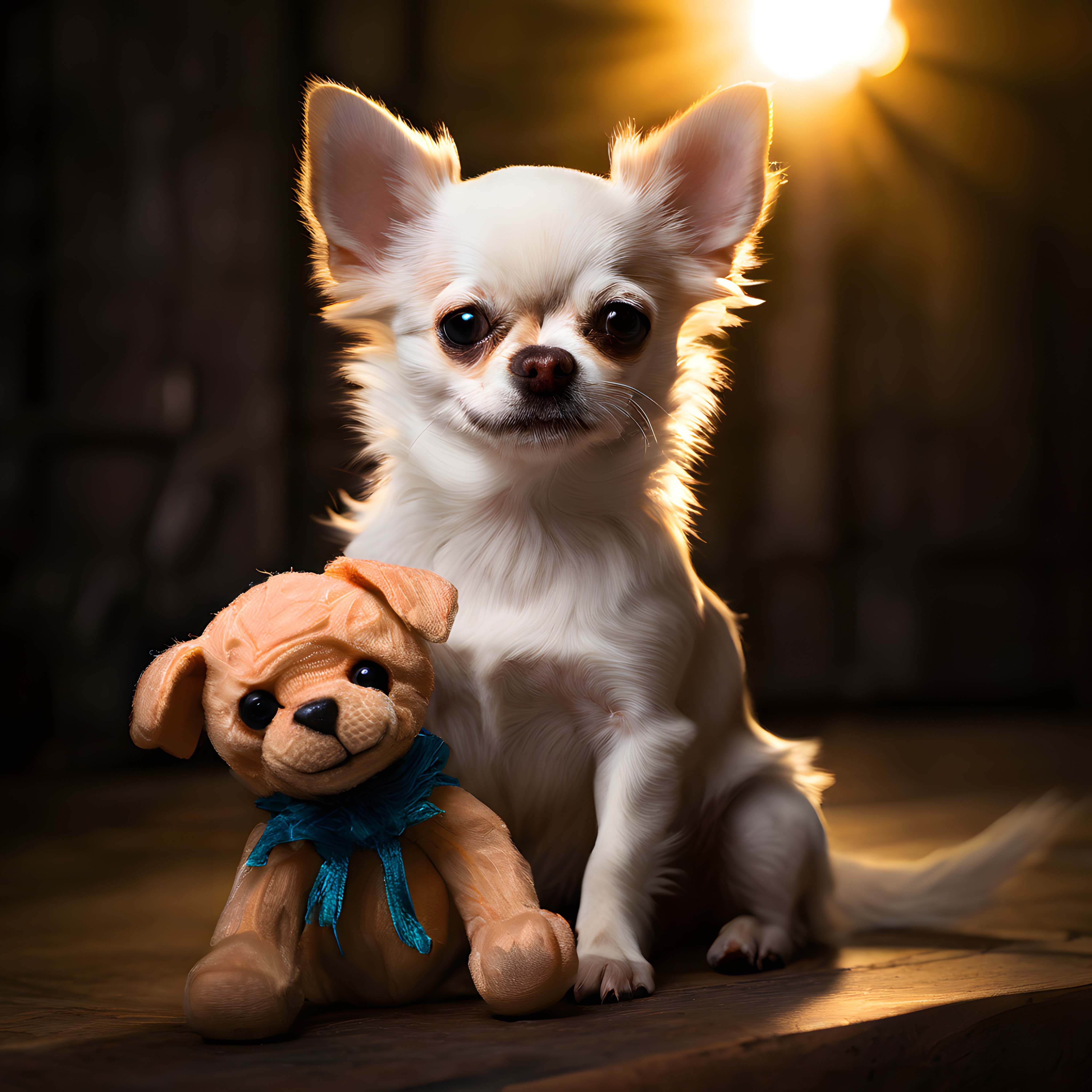 Yanında peluş köpek oyuncağıyla oturan sevimli beyaz chihuahua köpek portresi