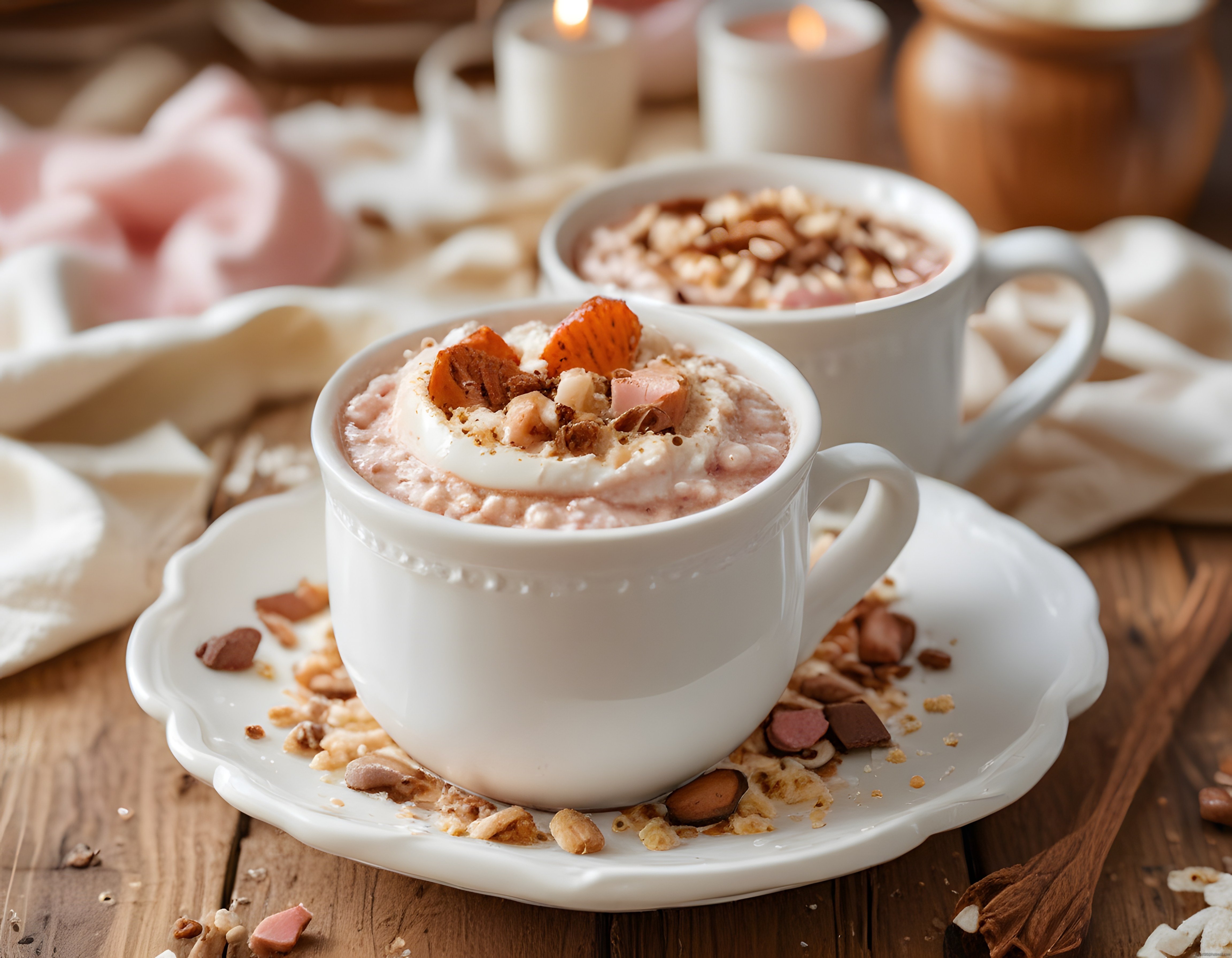 Yanıp Sönen Mumlar Eşliğinde Fındıklı ve Marshmallowlu Sıcak Çikolata Sunumu