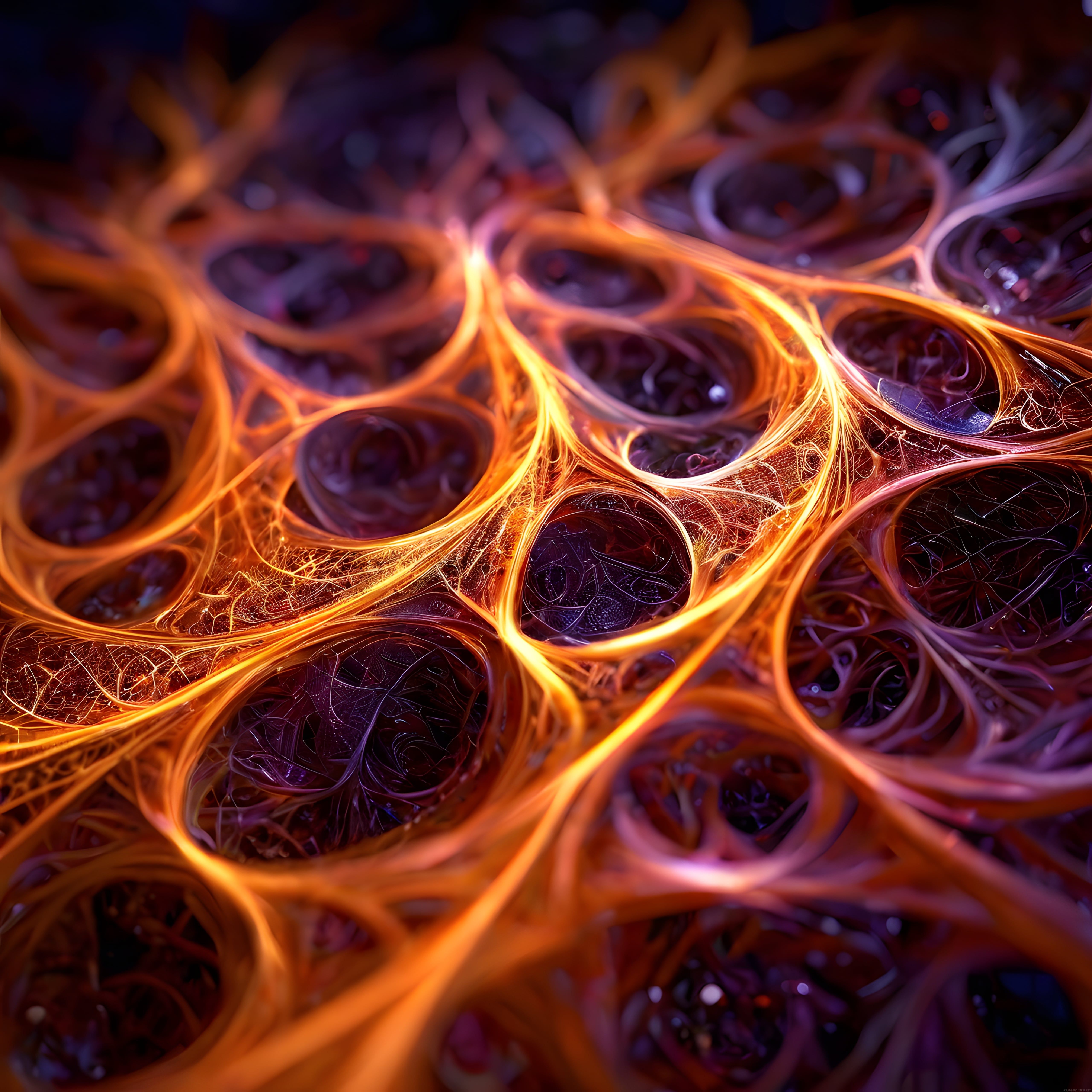 Yapay zeka sinir ağlarını andıran neon turuncu soyut dijital sanat eseri