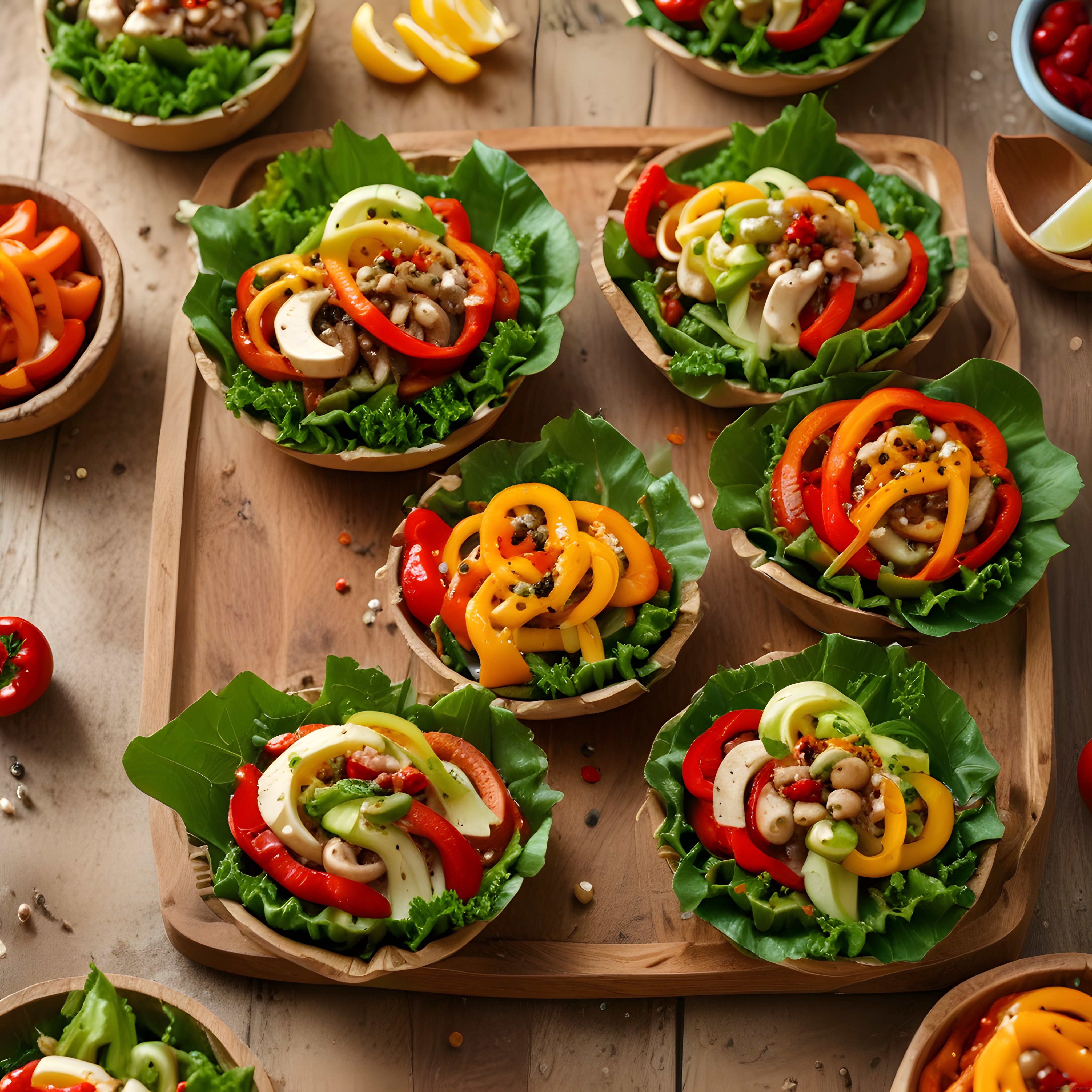 Yaprak Kaselerde Renkli Biberli Mantarlı Vegan Salata Ahşap Tepsi Sunumu