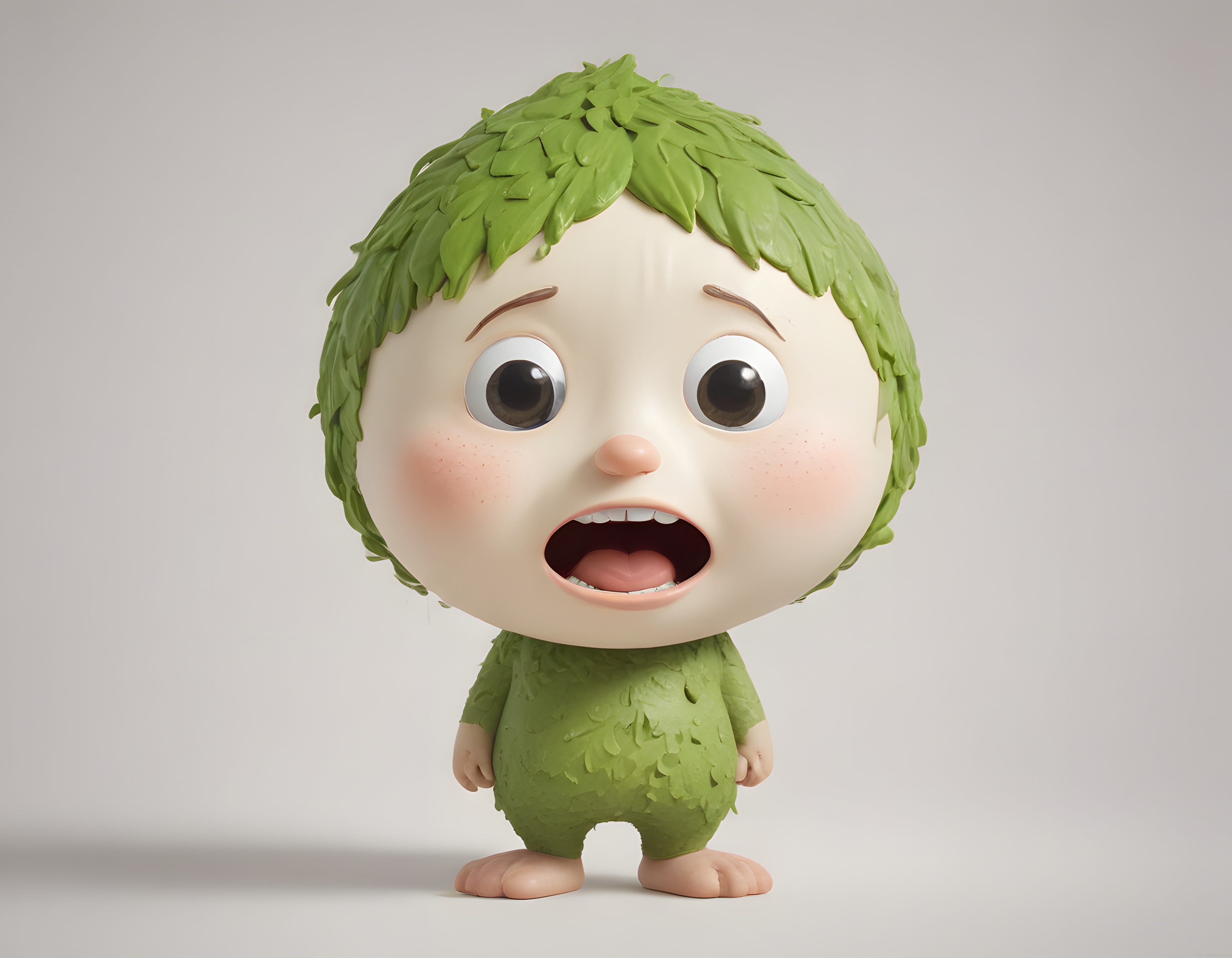Yaprak saçlı büyük gözlü şaşkın yeşil 3D çizgi film karakteri render