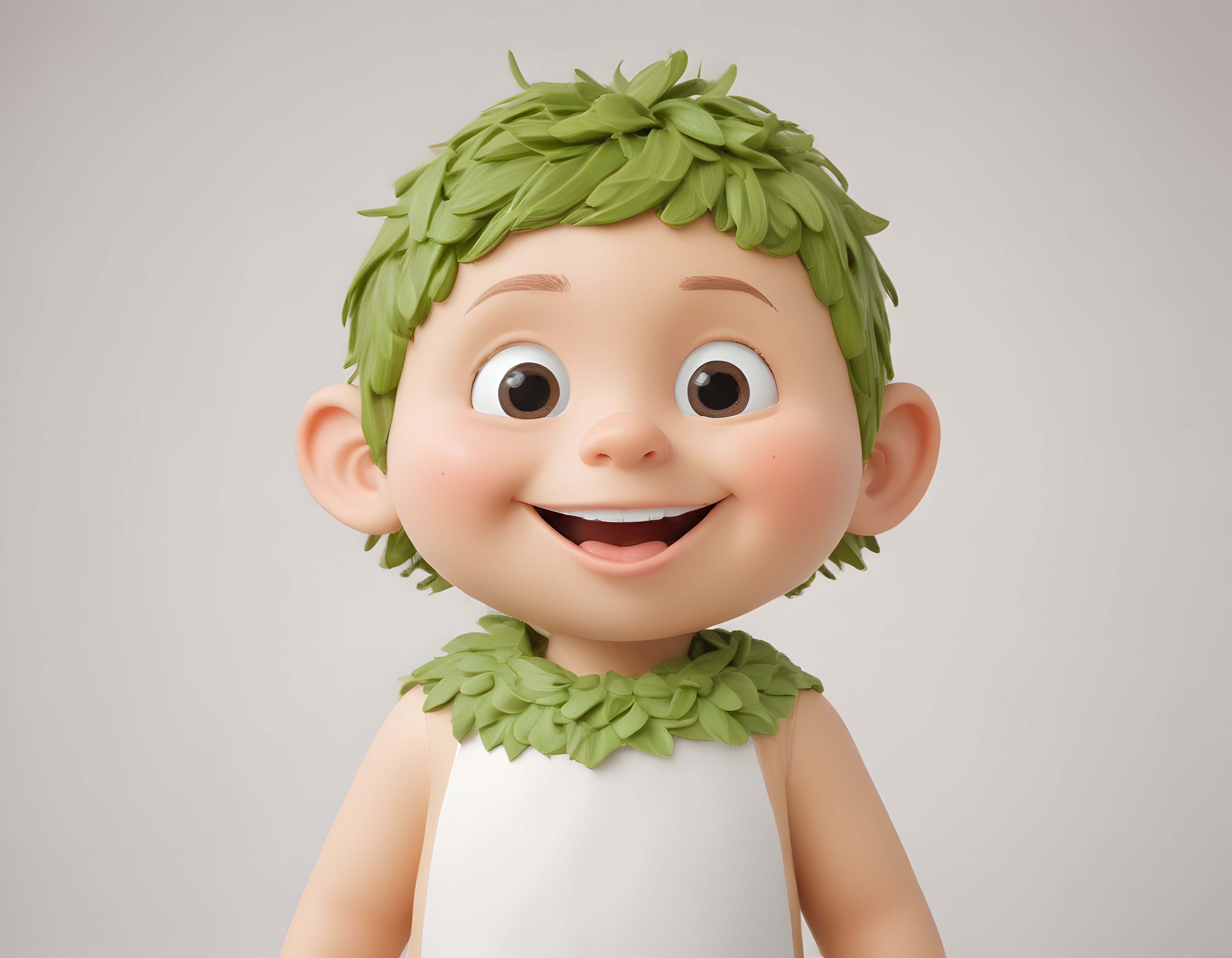 Yaprak Saçlı Gülümseyen 3D Animasyon Çocuk Karakteri ve Doğa Temalı Tasarım