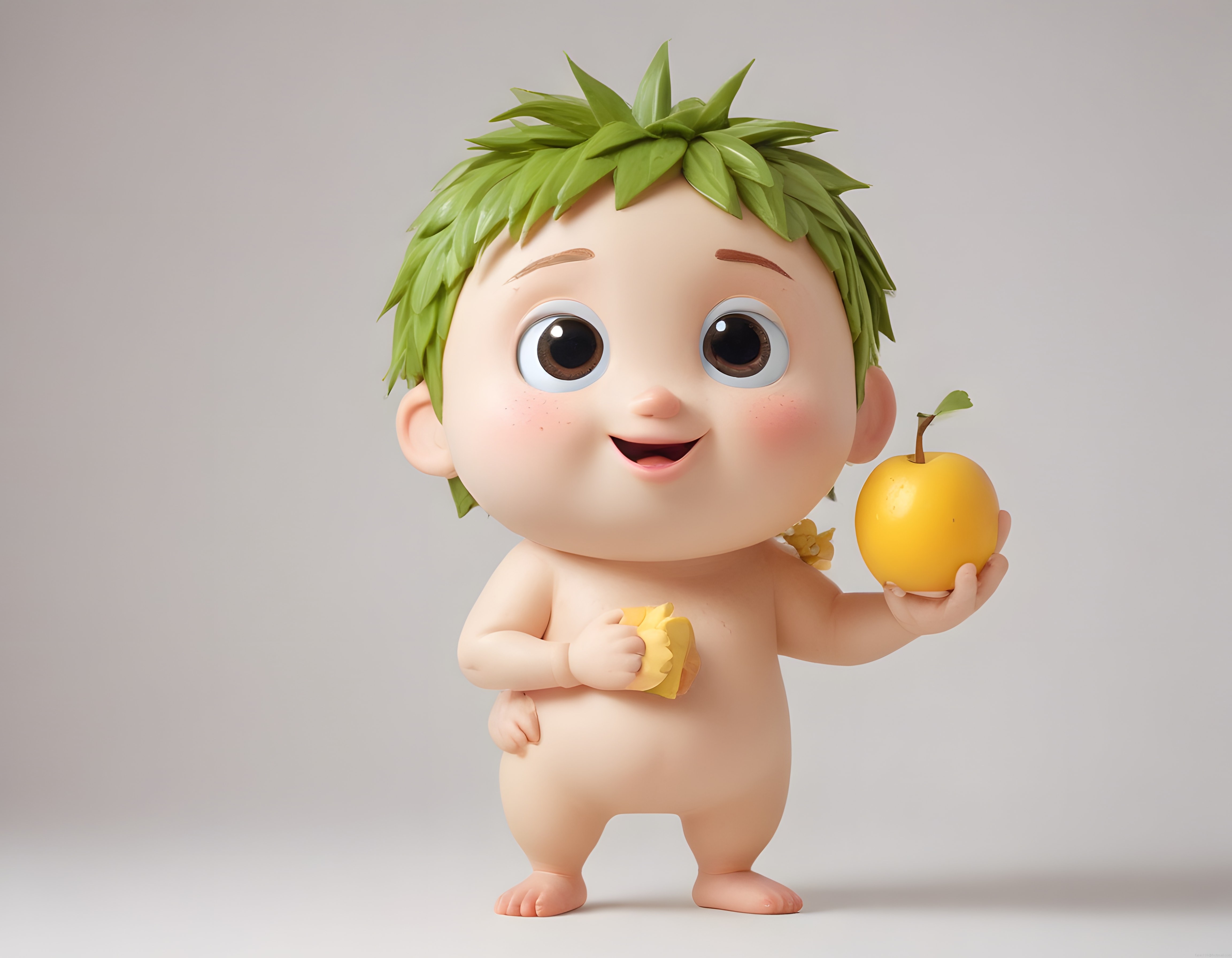 Yaprak saçlı sevimli 3d animasyon bebeği elinde sarı elmayla gülümsüyor